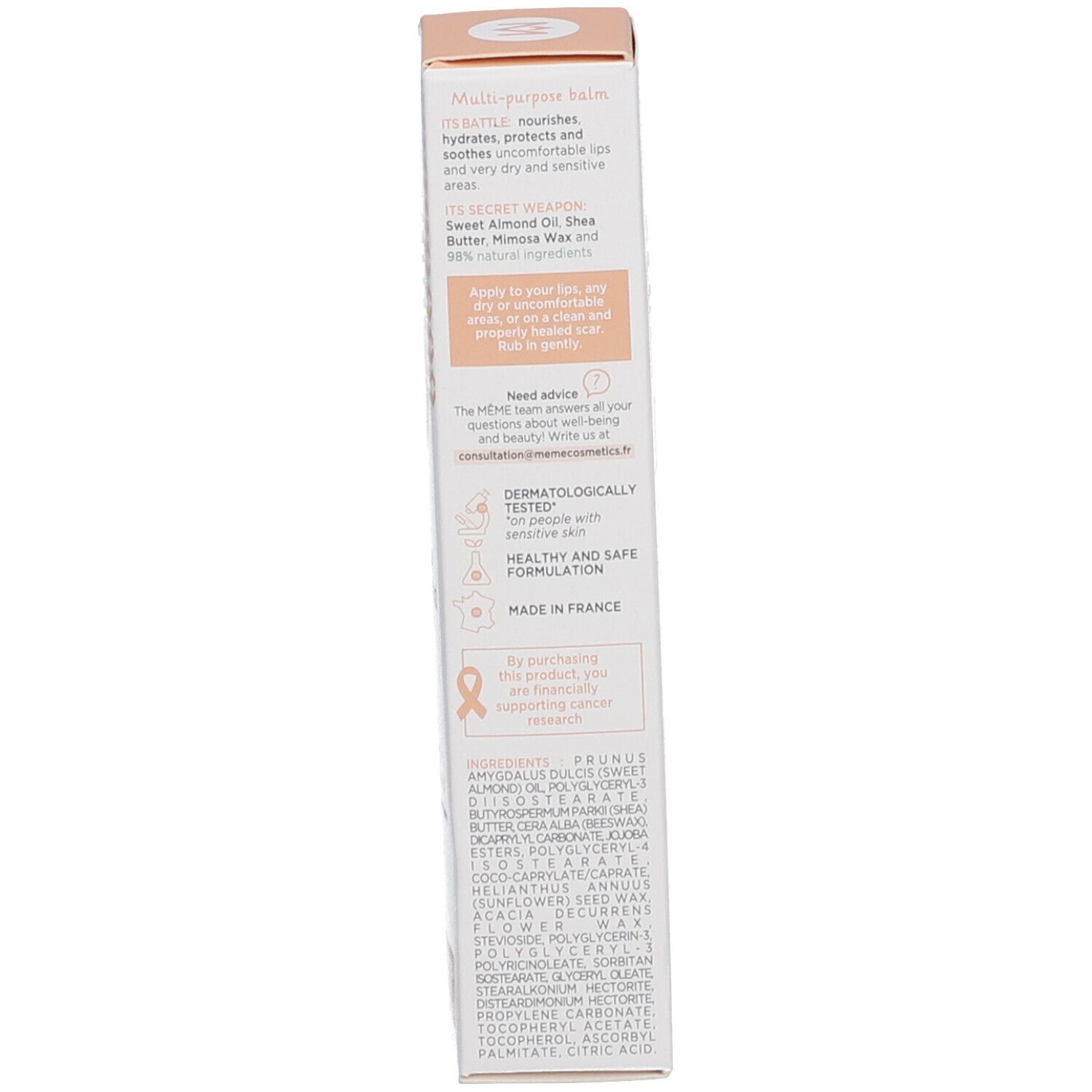 Rückseite der Produktverpackung. Text: Inhaltsstoffe, Herstelleradresse, 10ml.