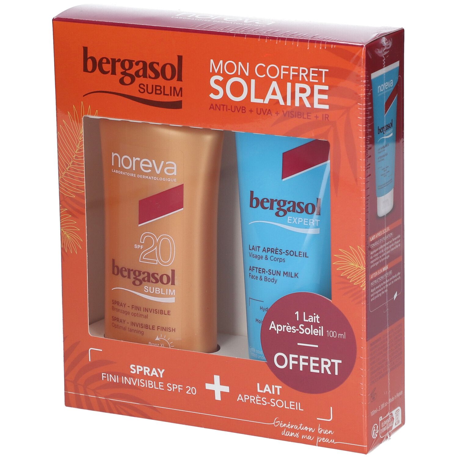 Bergasol geschenkverpakking met spray SPF 20 en after-sun melk. Oranje verpakking met productnamen en logo's.