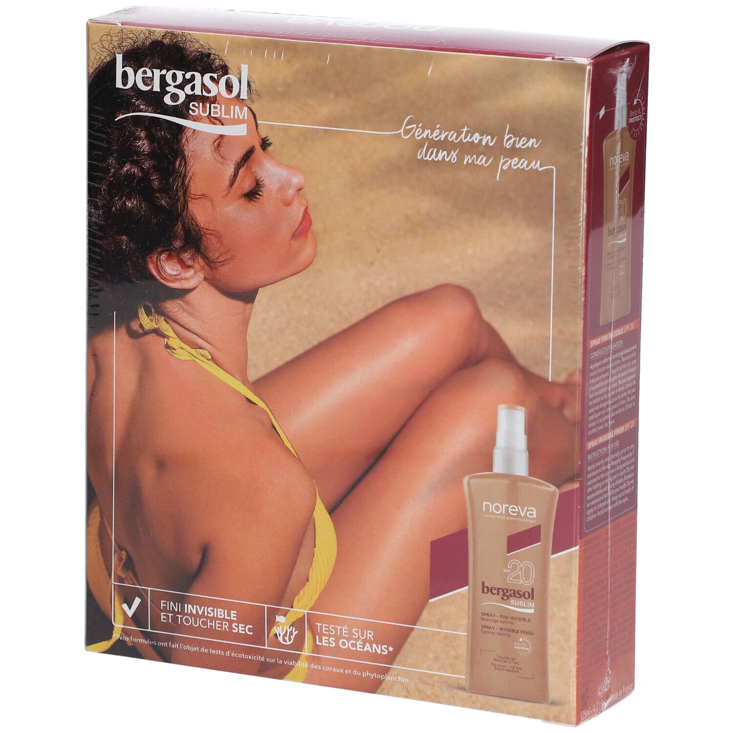 Bergasol geschenkverpakking met vrouw op het strand. Bevat spray. Verpakking met tekst.