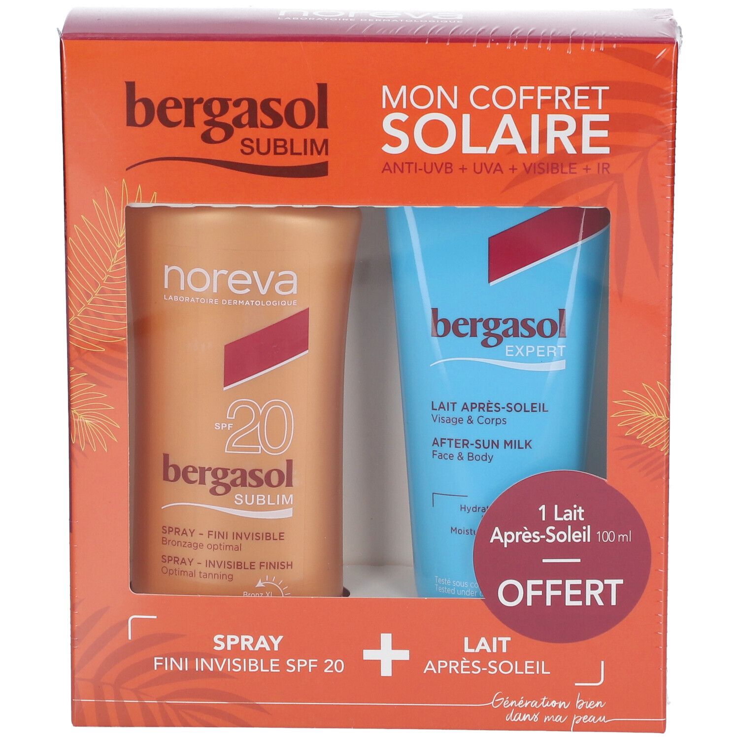 Bergasol geschenkverpakking met spray en after-sun melk. Verpakking met productnamen en logo. 'Offert' aanduiding.