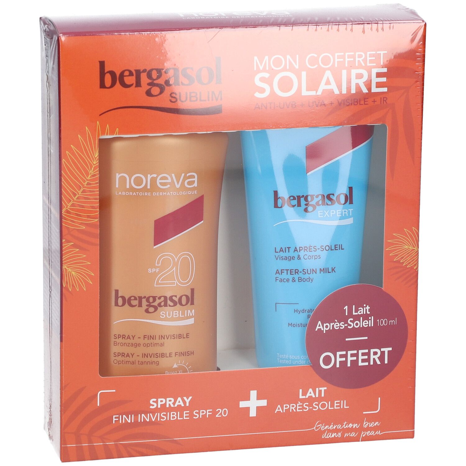 Bergasol geschenkverpakking met spray en after-sun melk. Verpakking met productnamen en logo. 'Offert' aanduiding.