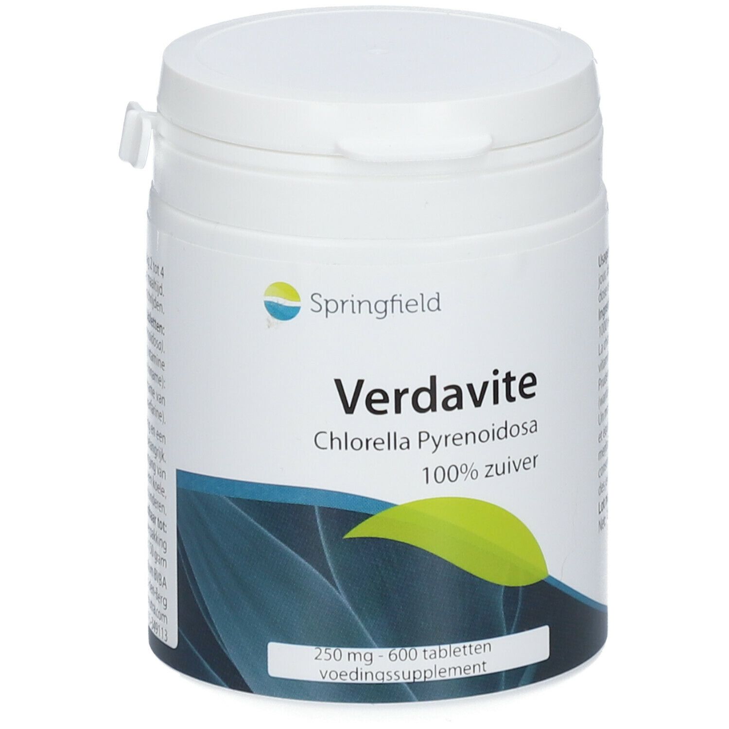Weiße Dose mit 'Springfield Verdavite Chlorella Pyrenoidosa'. 600 Tabletten. 100% rein. Vorderansicht.