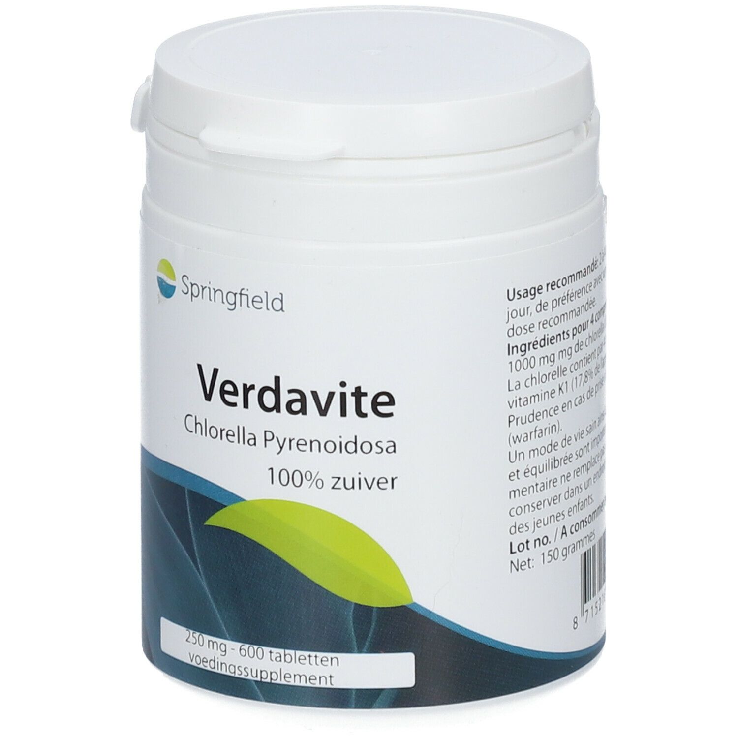 Weiße Dose mit 'Springfield Verdavite Chlorella Pyrenoidosa'. 600 Tabletten. 100% rein. Etikett mit Inhaltsangaben.