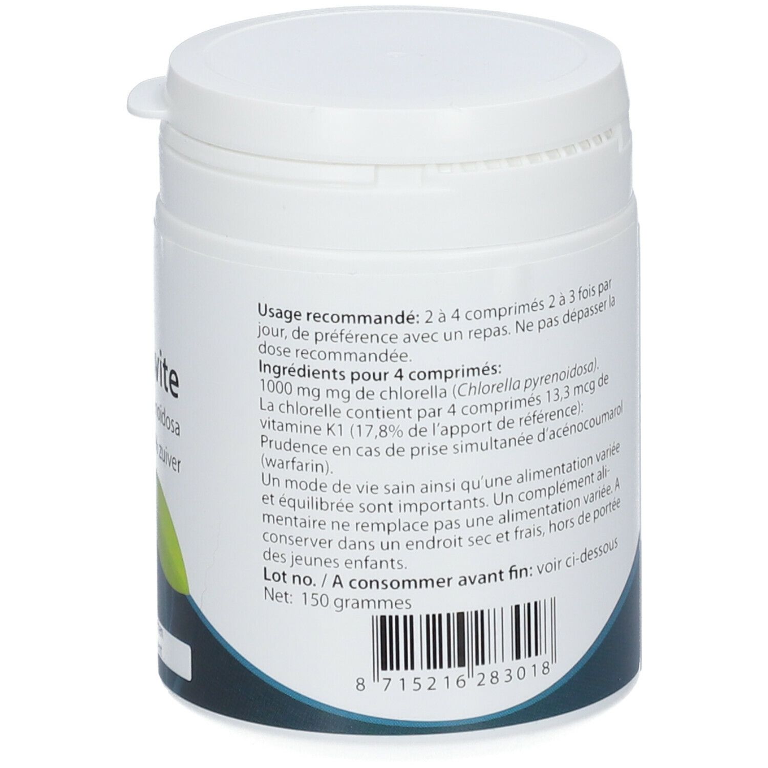 Rückseite der weißen Dose. Enthält Informationen zu Inhaltsstoffen, Dosierung und Warnhinweisen. Barcode.
