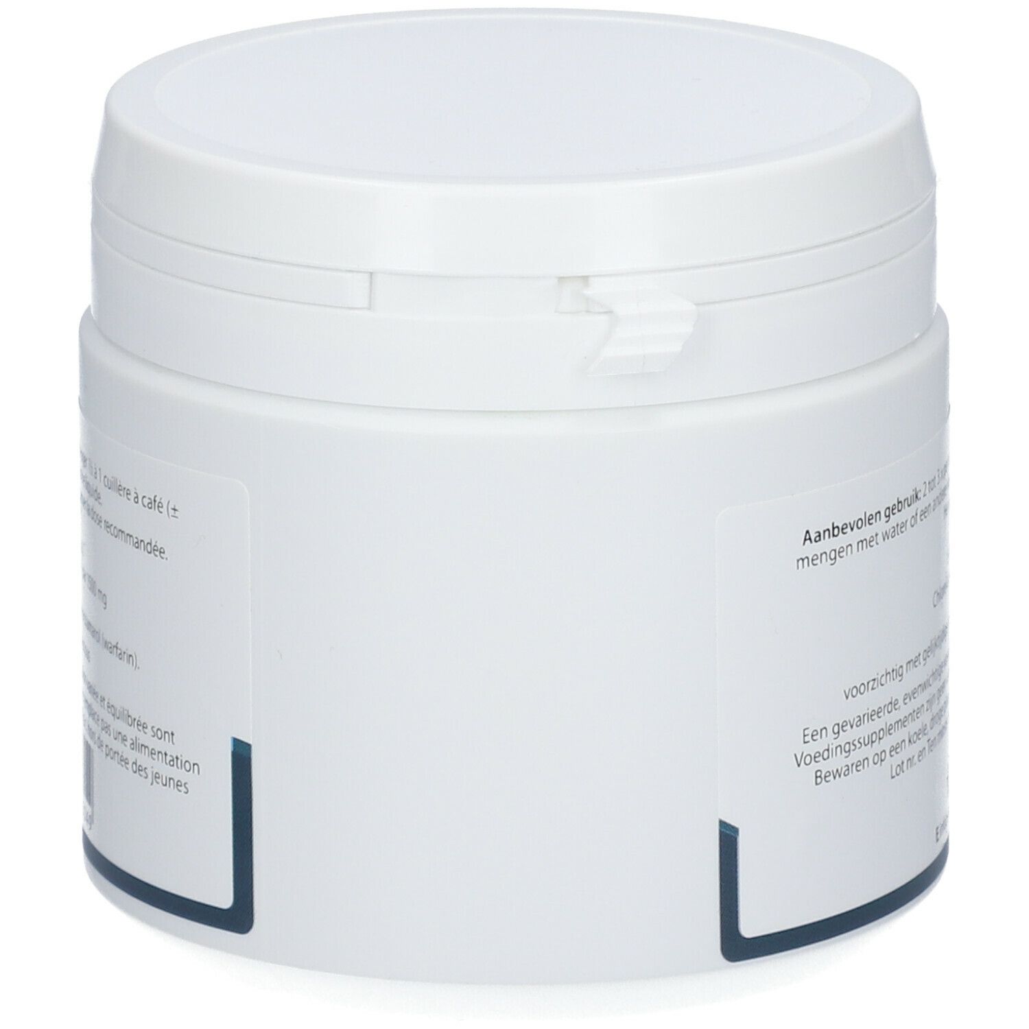Witte pot, zijaanzicht. Minimaal ontwerp met blauw accent onderaan. Deksel met sluiting.