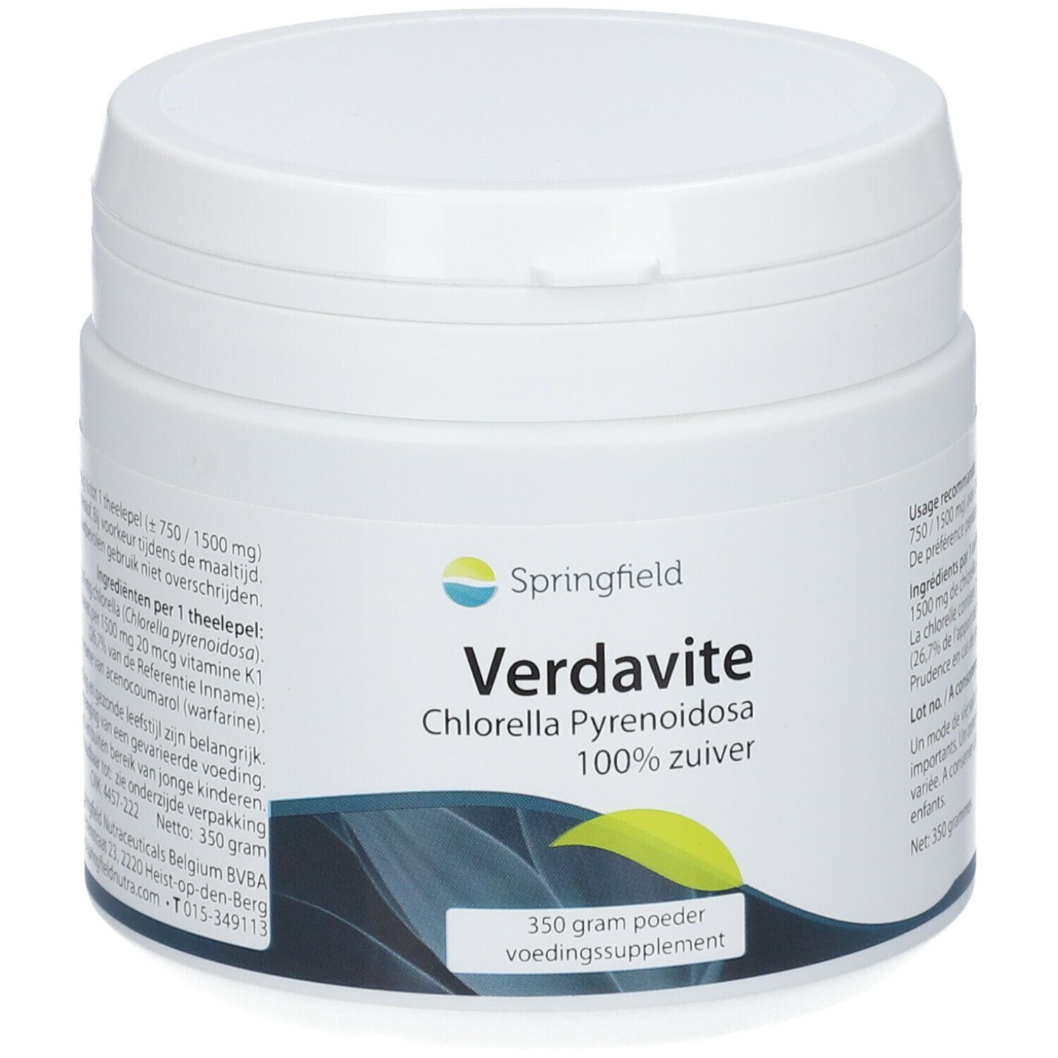 Witte pot Springfield Verdavite Chlorella Pyrenoidosa. Opschrift: 100% zuiver, 350g poeder. Blauwe en gele accenten.