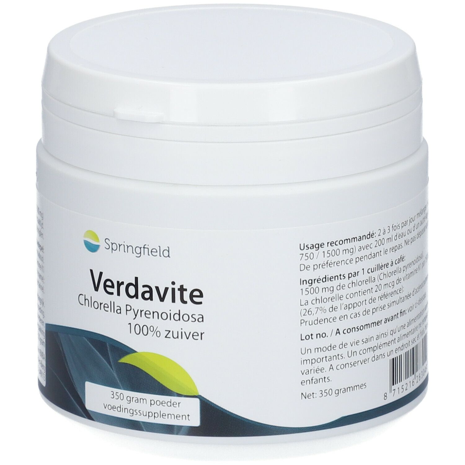 Witte pot Springfield Verdavite Chlorella Pyrenoidosa. Opschrift: 100% zuiver, 350g poeder. Blauwe en gele accenten.
