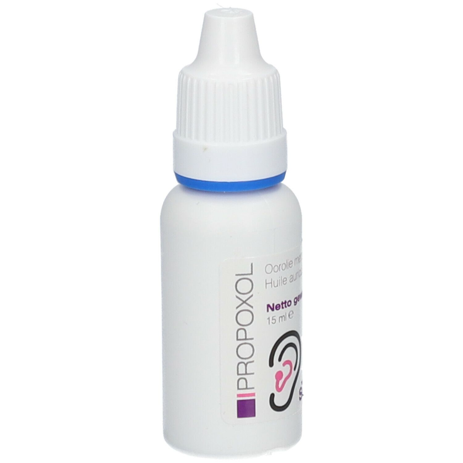 Wit flesje met druppelaar. Opschrift: PROPOXOL. Opschrift: Oorolie met propolis, Huile auriculaire au propolis.