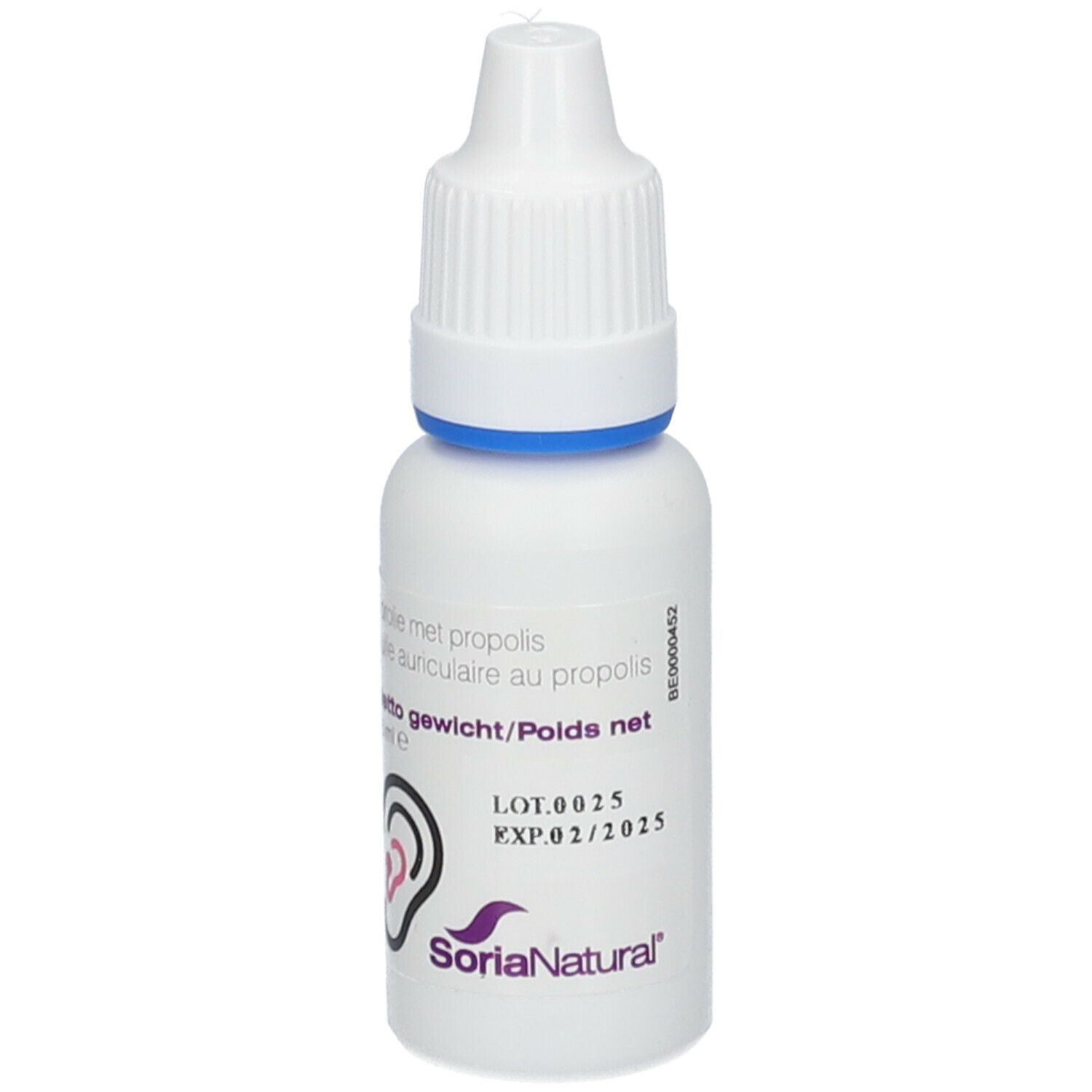 Wit flesje met druppelaar en blauwe ring. Opschrift: Oorolie met propolis, Huile auriculaire au propolis. Logo Soria Natural.