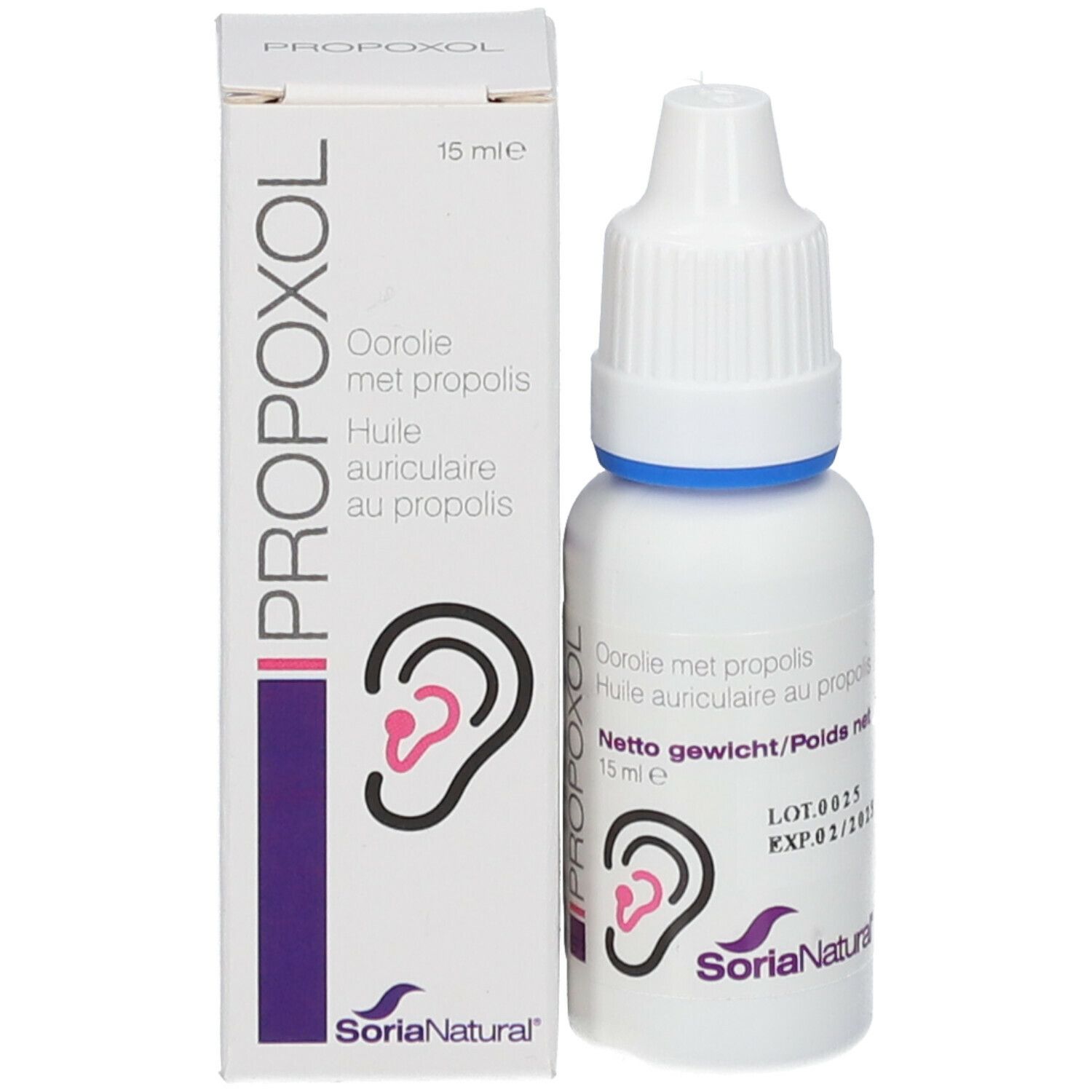 Productverpakking met flesje. Opschrift: PROPOXOL. Opschrift: Oorolie met propolis, Huile auriculaire au propolis. Logo Soria Natural.