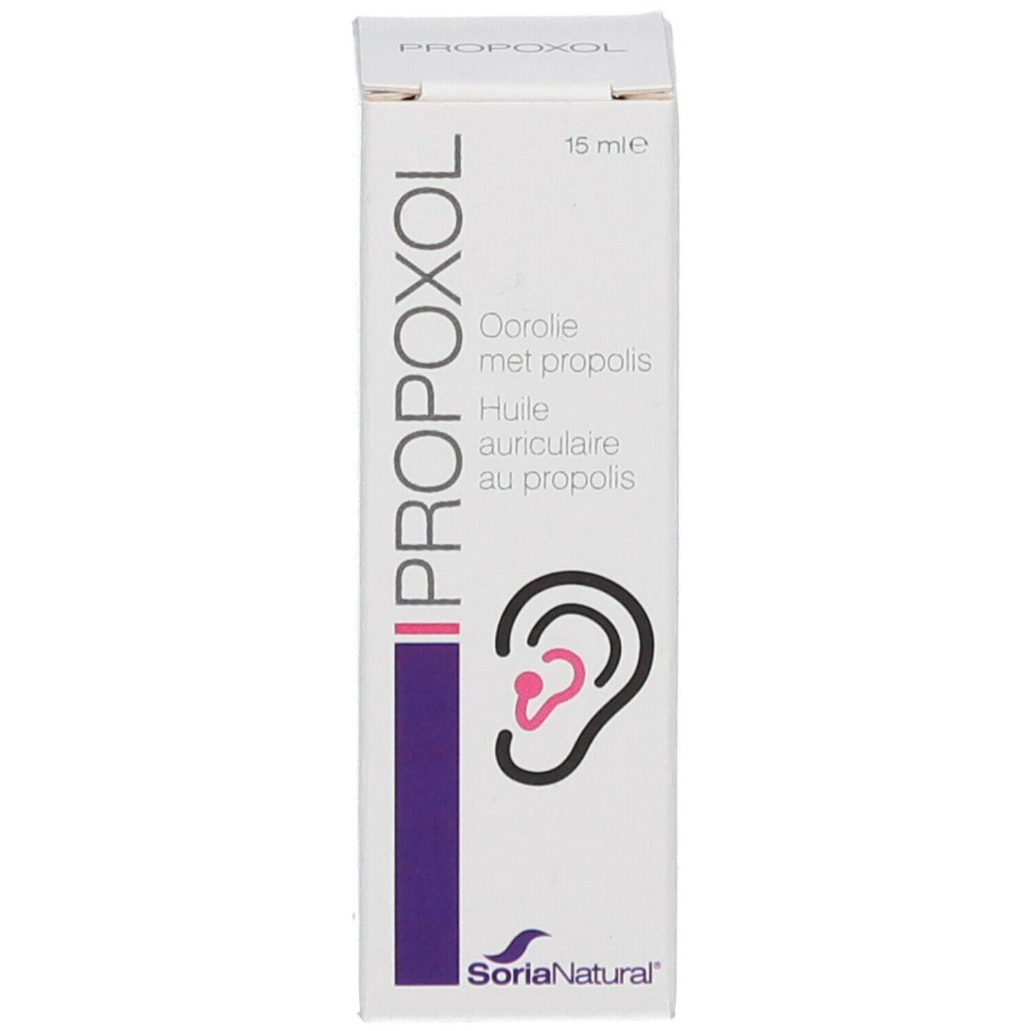 Productverpakking. Opschrift: PROPOXOL. Opschrift: Oorolie met propolis, Huile auriculaire au propolis. Logo Soria Natural.
