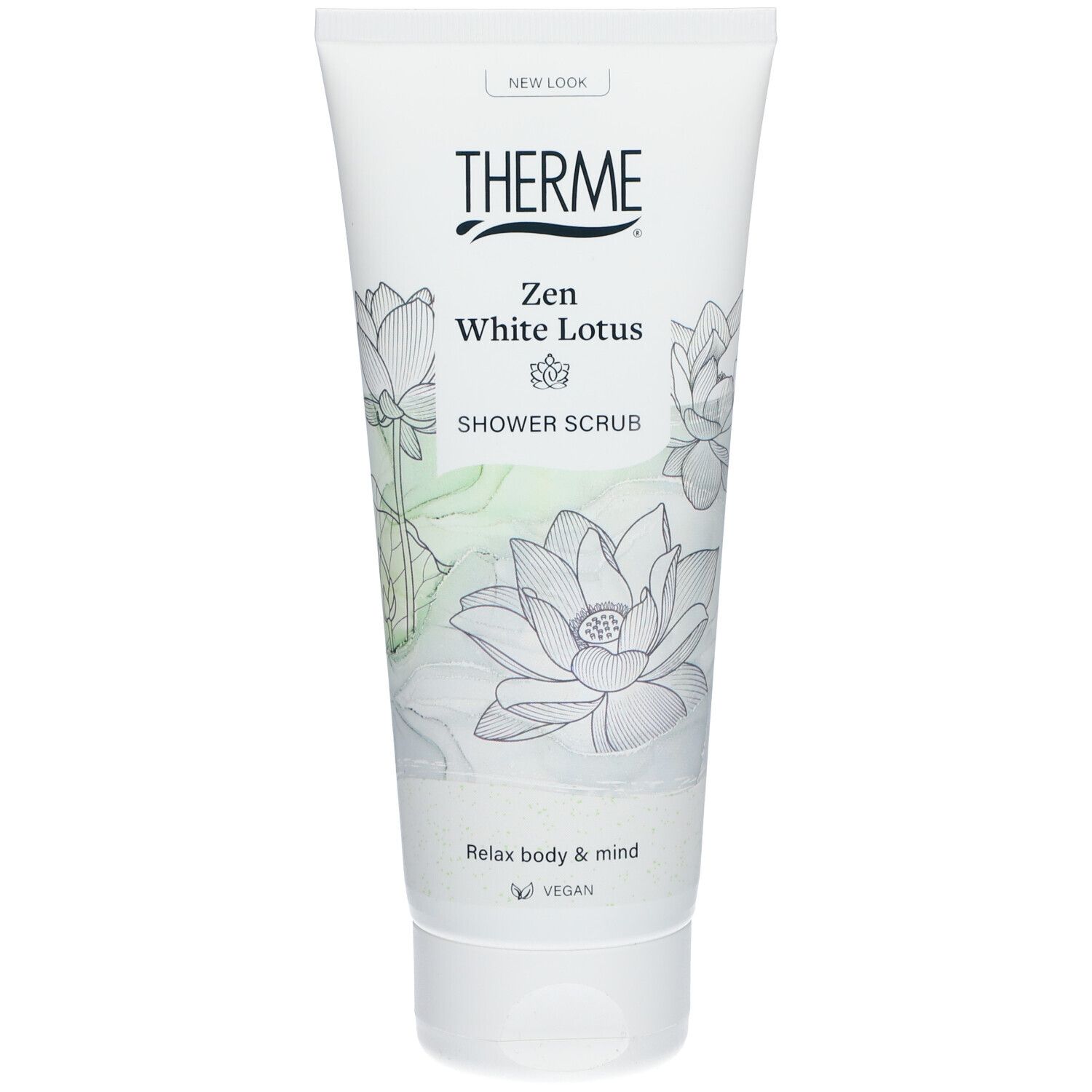 Witte tube THERME Zen White Lotus. Bloemendesign met lotusbloemen. Tekst: Relax body & mind, vegan.