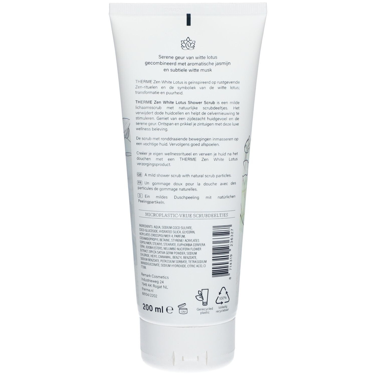 Achterkant van de tube THERME Zen White Lotus. Meertalige tekst. Ingrediënten en symbolen.