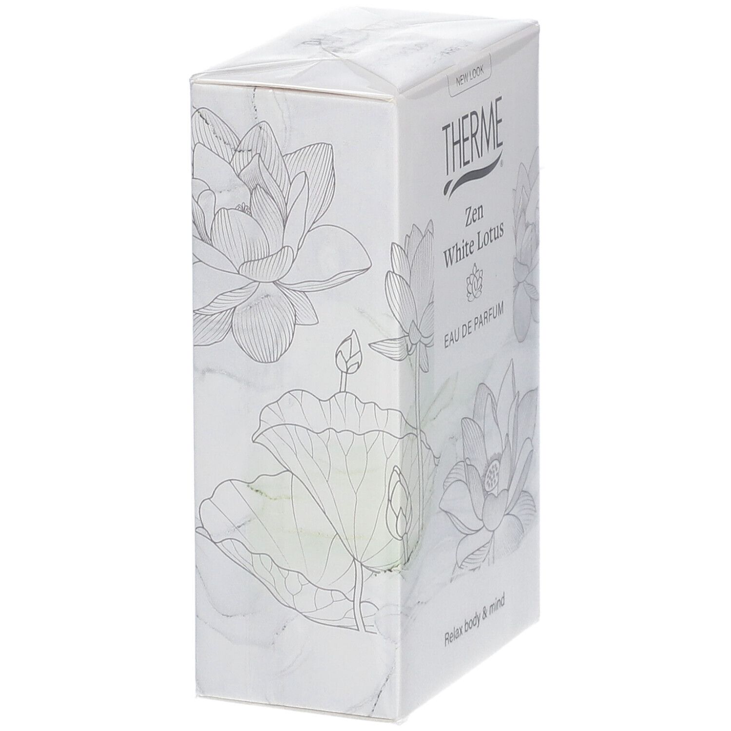 Boîte blanche rectangulaire avec dessins floraux et texte: THERME Zen White Lotus Eau de Parfum. Vue latérale.