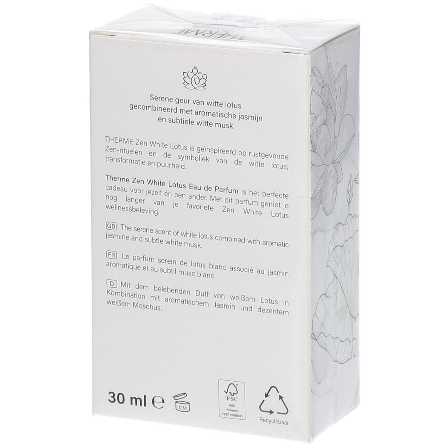 Dos d'une boîte blanche rectangulaire avec texte multilingue. Inscription: THERME Zen White Lotus Eau de Parfum.