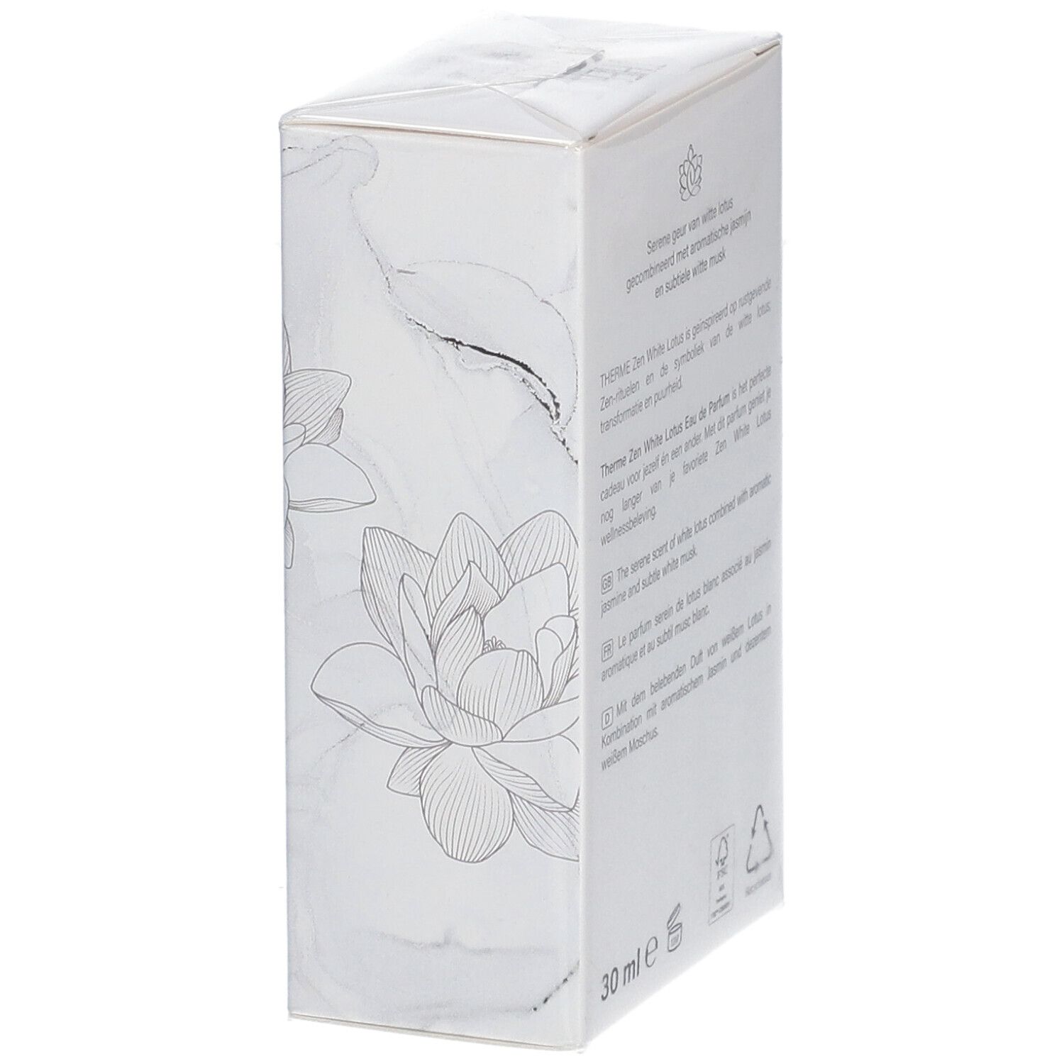 Vue latérale d'une boîte blanche rectangulaire avec dessins floraux et texte. Inscription: THERME Zen White Lotus Eau de Parfum.
