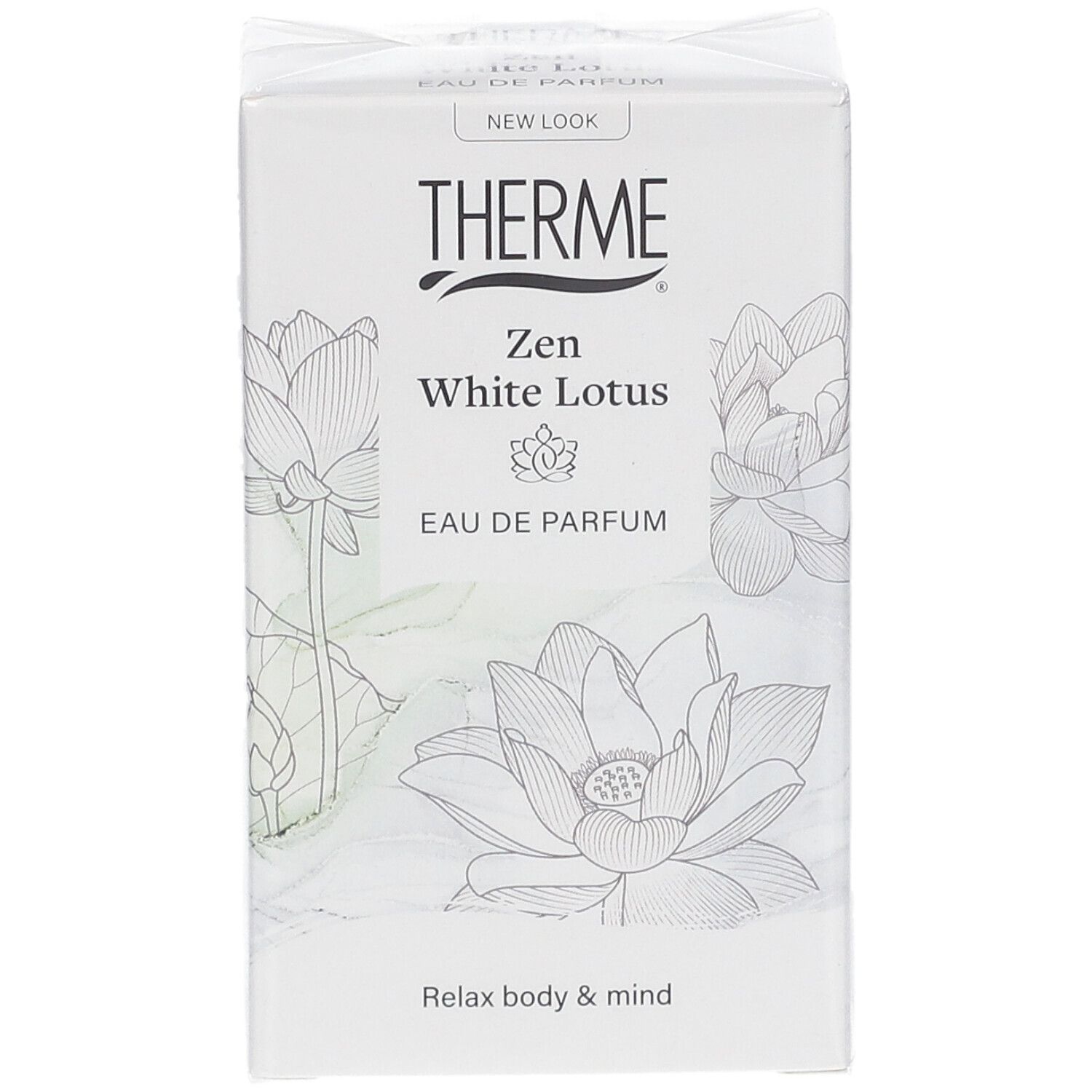 Boîte blanche rectangulaire avec dessins floraux et texte: THERME Zen White Lotus Eau de Parfum. Inscription: Relax body & mind.
