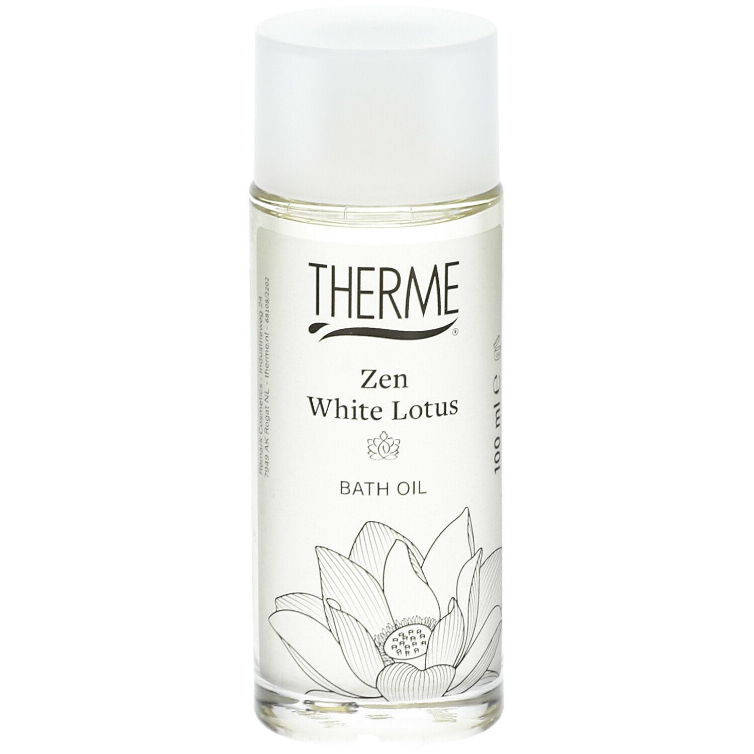 Heldere badolie in een glazen fles met witte dop. Opschrift: THERME Zen White Lotus BATH OIL.