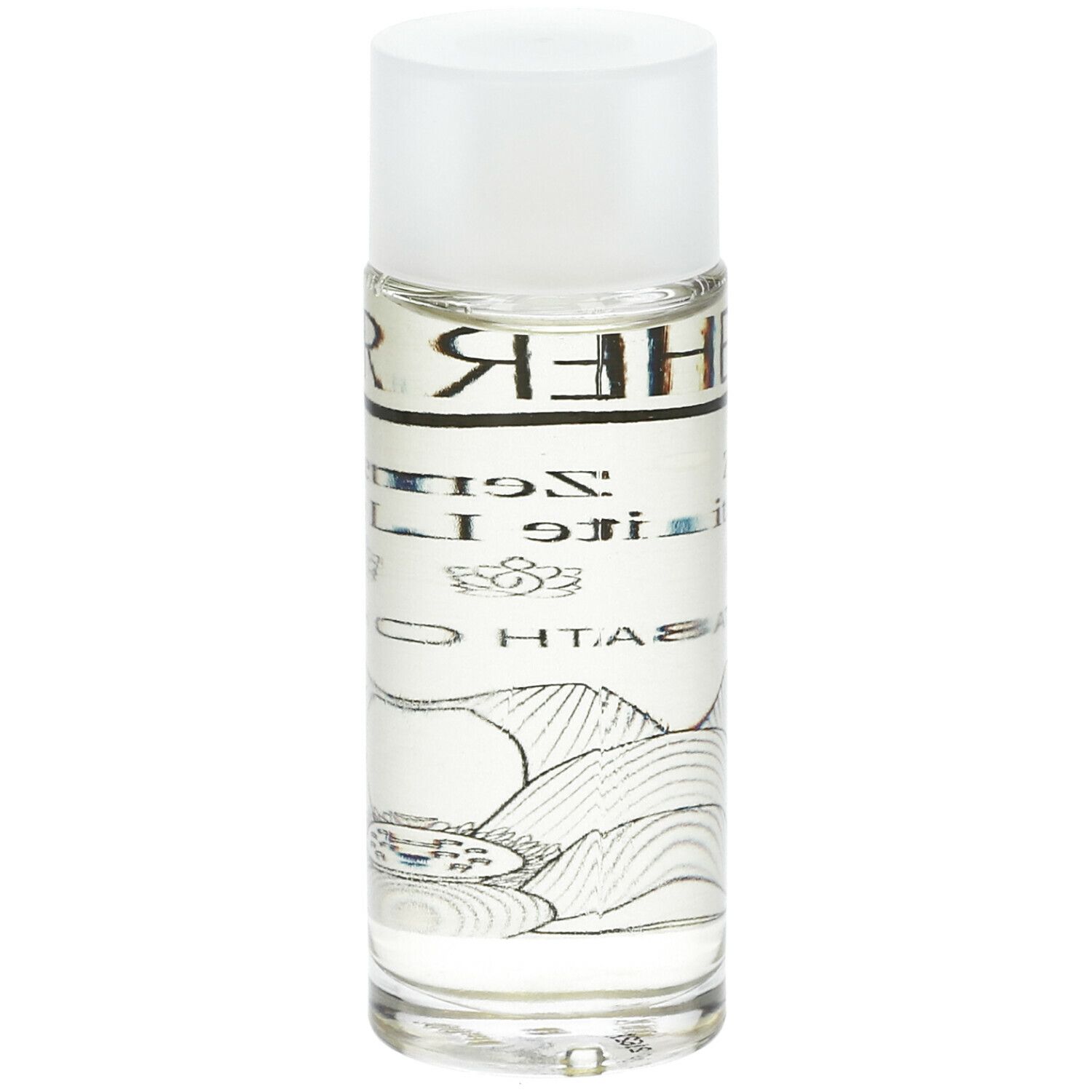 Glazen fles met witte dop. Opschrift: THERME Zen White Lotus BATH OIL. Achterkant met tekst en landschapsillustratie.