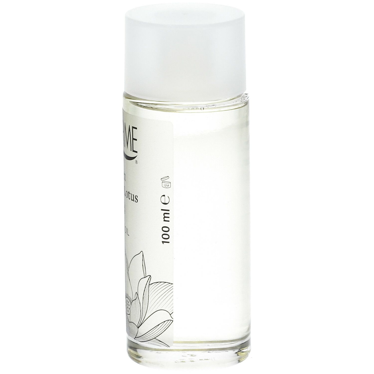 Glazen fles met witte dop. Opschrift: THERME Zen White Lotus BATH OIL. Opdruk: 100 ml.