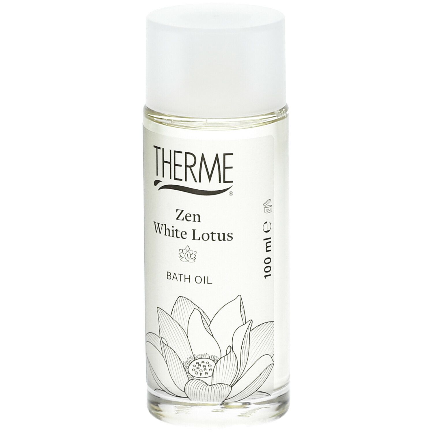 Glazen fles met witte dop. Opschrift: THERME Zen White Lotus BATH OIL. Lotusbloem illustratie.