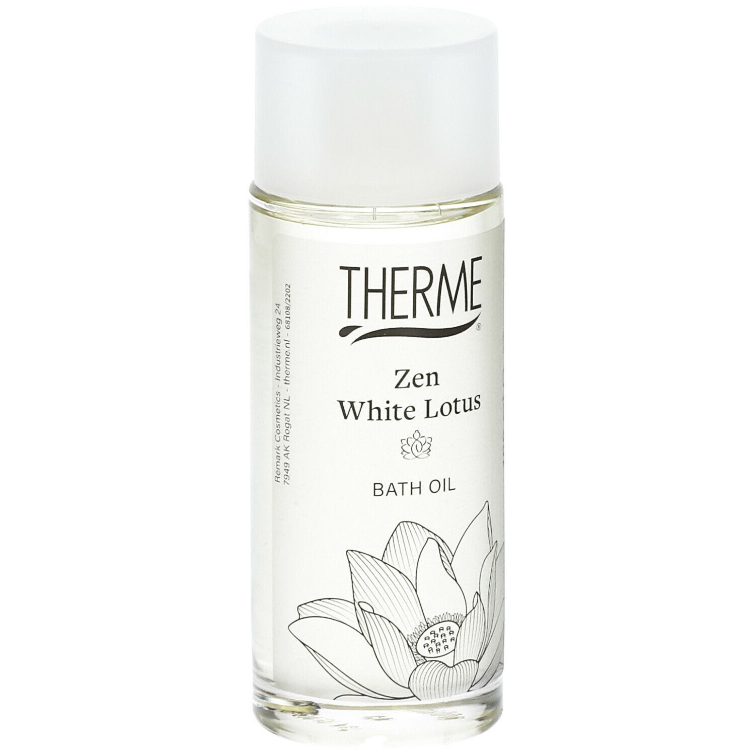 Glazen fles met witte dop. Opschrift: THERME Zen White Lotus BATH OIL. Lotusbloem illustratie.