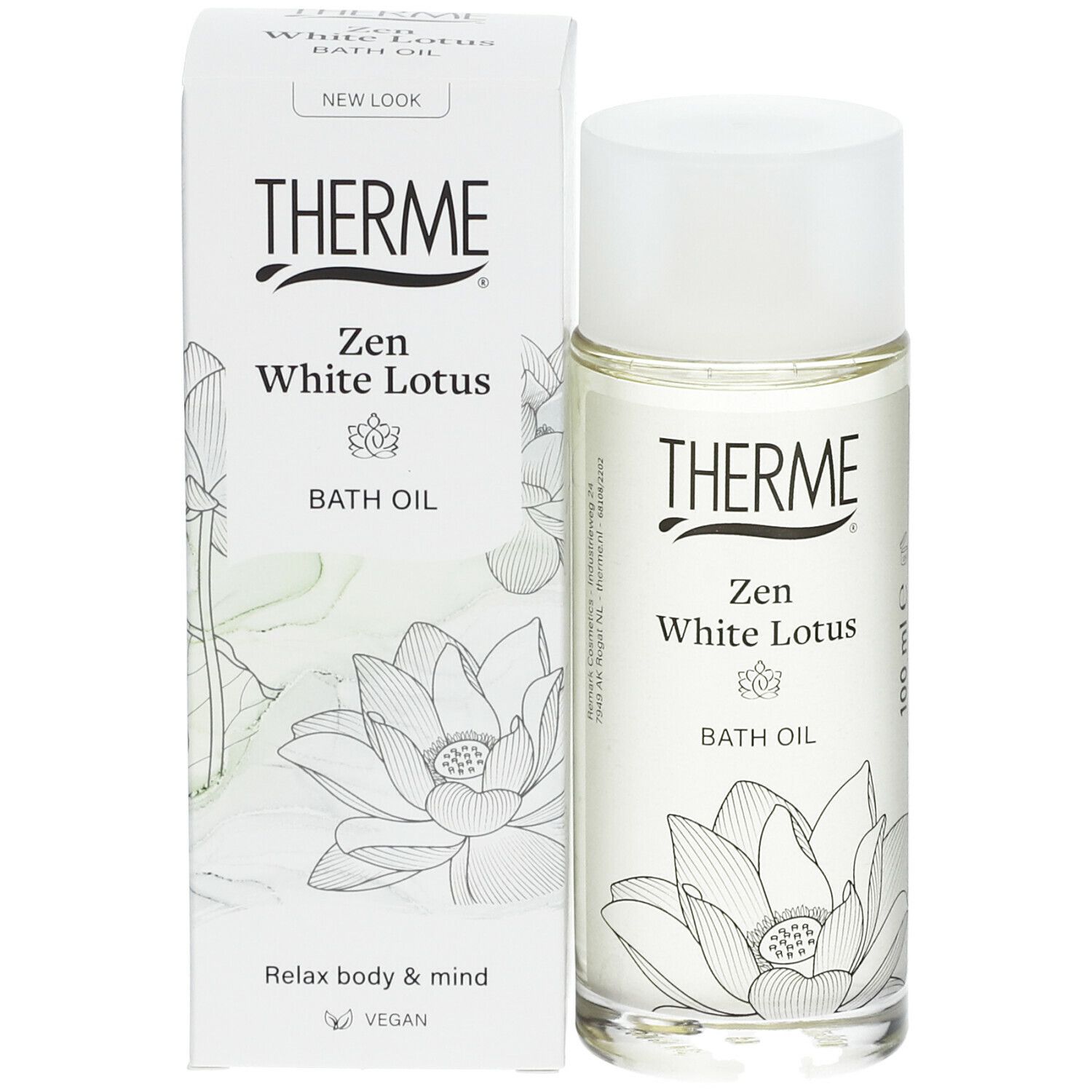 Glazen fles en verpakking. Opschrift: THERME Zen White Lotus BATH OIL. Verpakking met lotusbloem illustratie.
