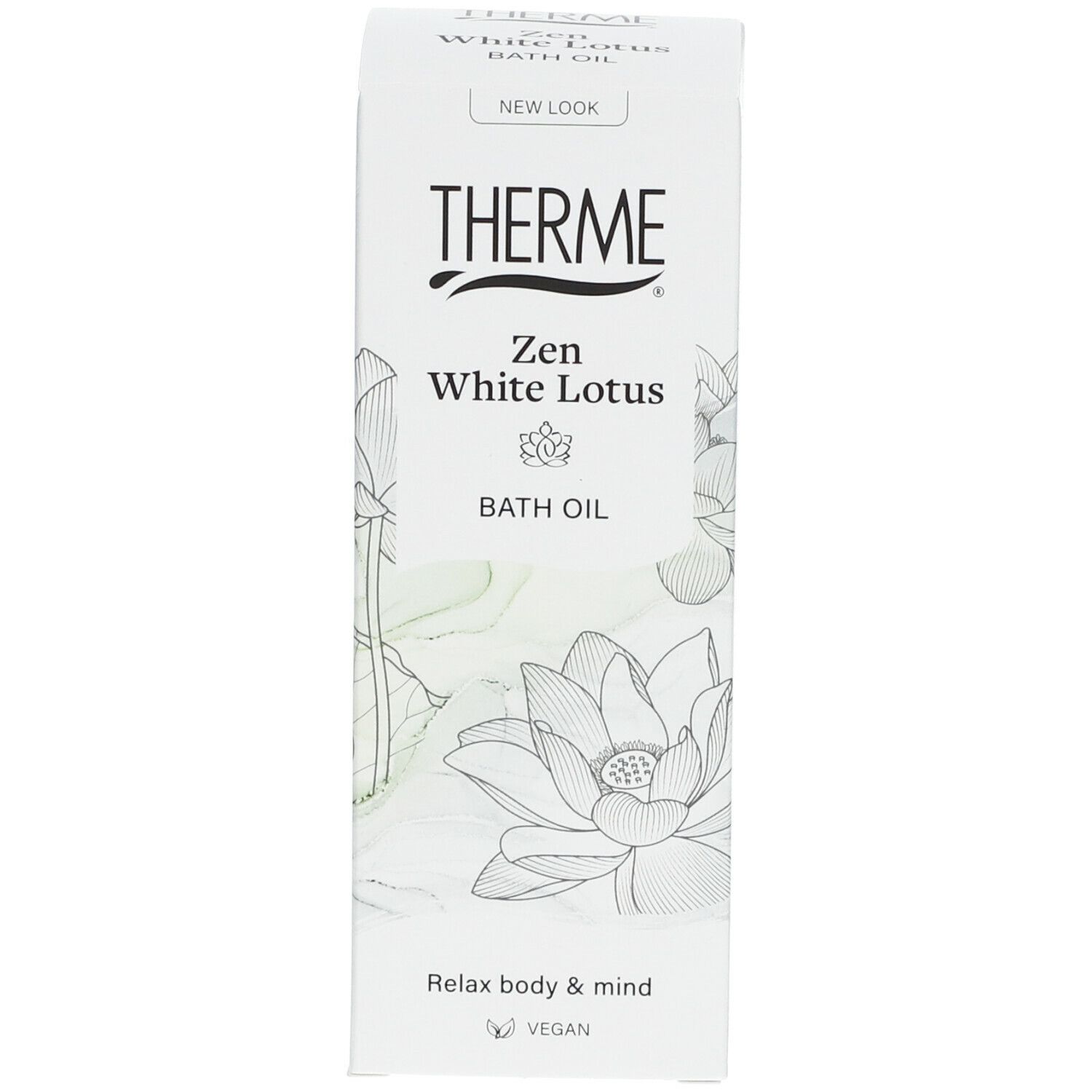 Verpakking. Opschrift: THERME Zen White Lotus BATH OIL. Tekst: Relax body & mind. Vegan.