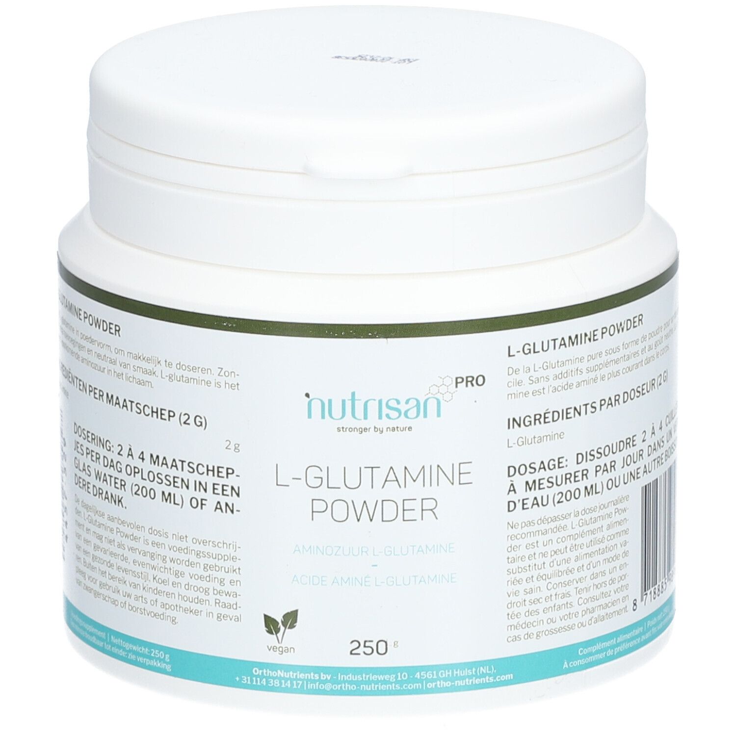 Poudre blanche dans un récipient blanc. Inscription : Nutrisan L-Glutamine Powder. Label végan. 250g.