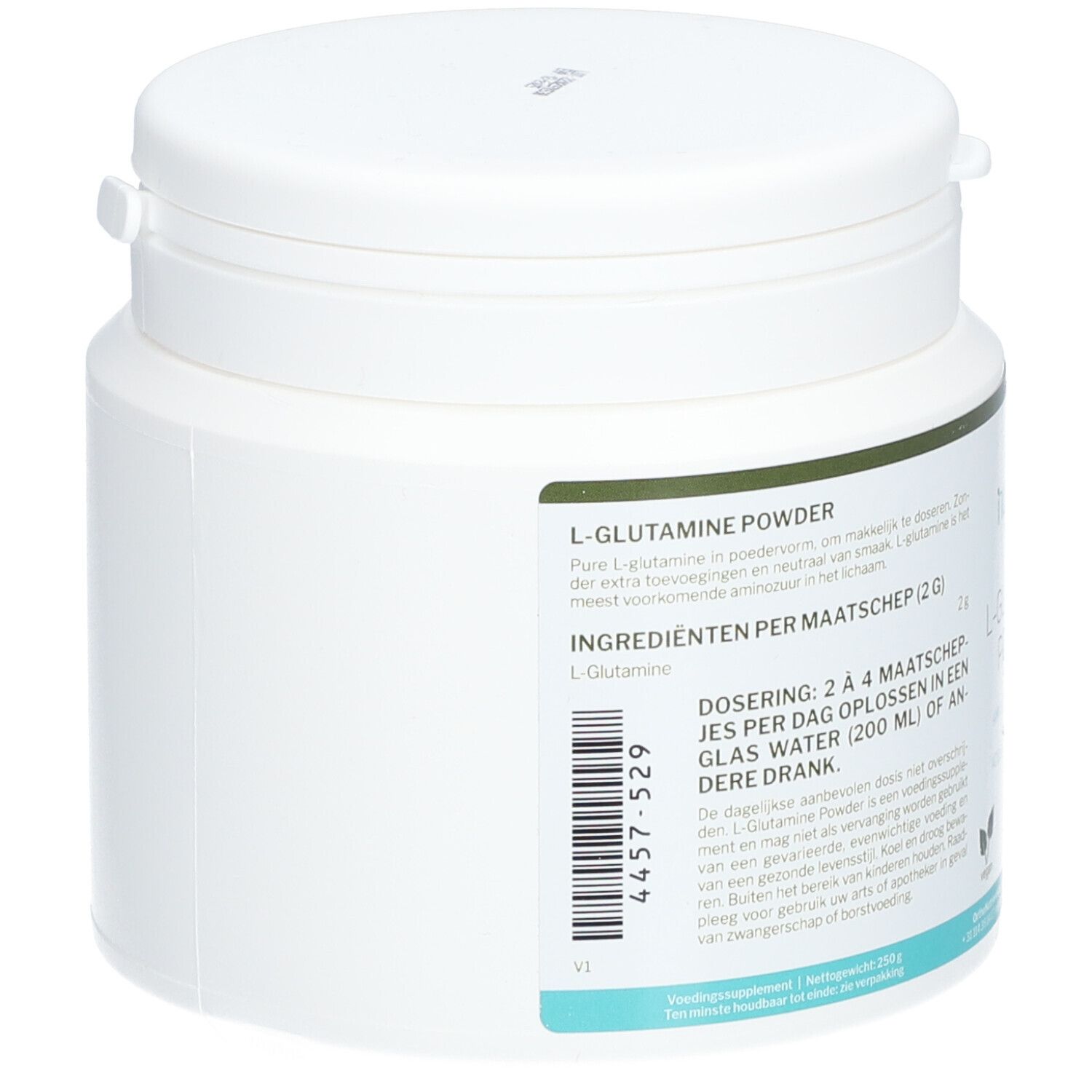 Récipient blanc avec étiquette verte. Texte : L-Glutamine Powder. Ingrédients, dosage. Code-barres.