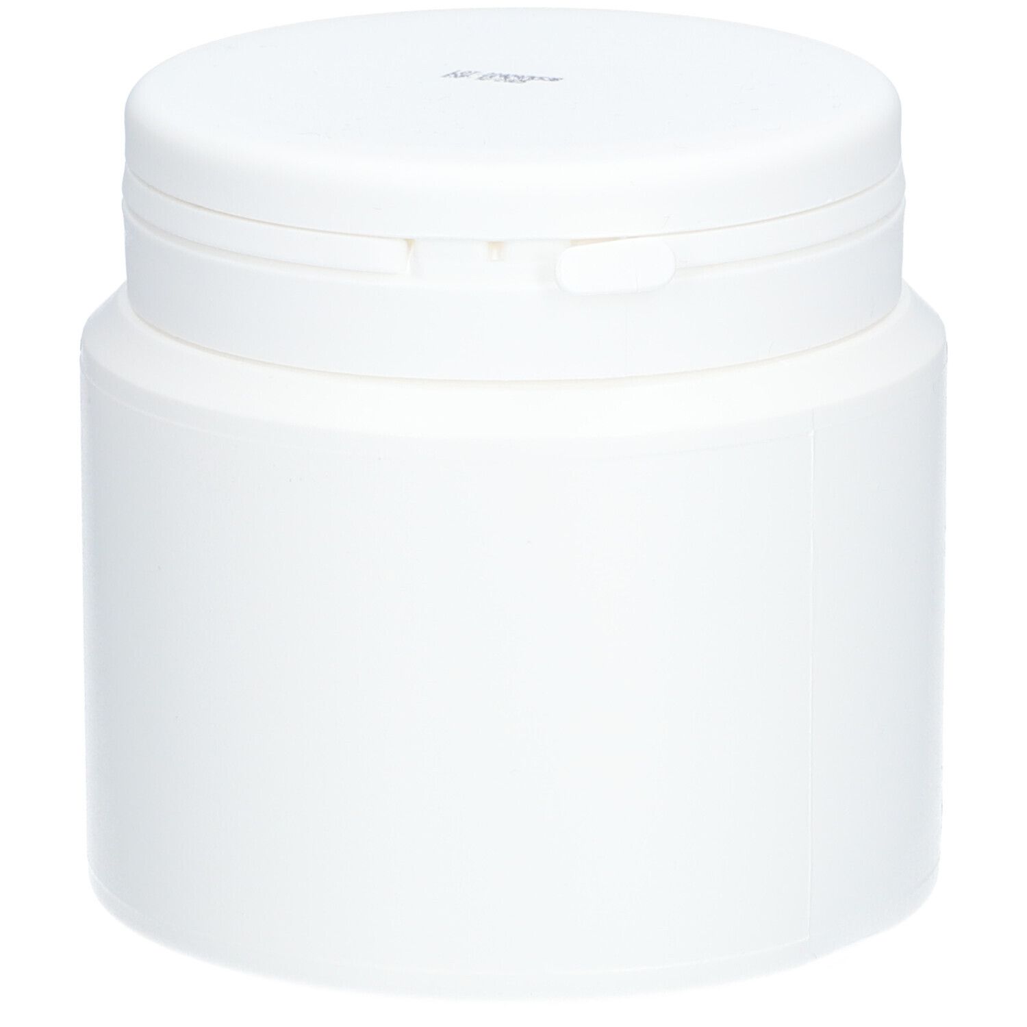 Récipient cylindrique blanc avec couvercle. Le couvercle a une fermeture à rabat.
