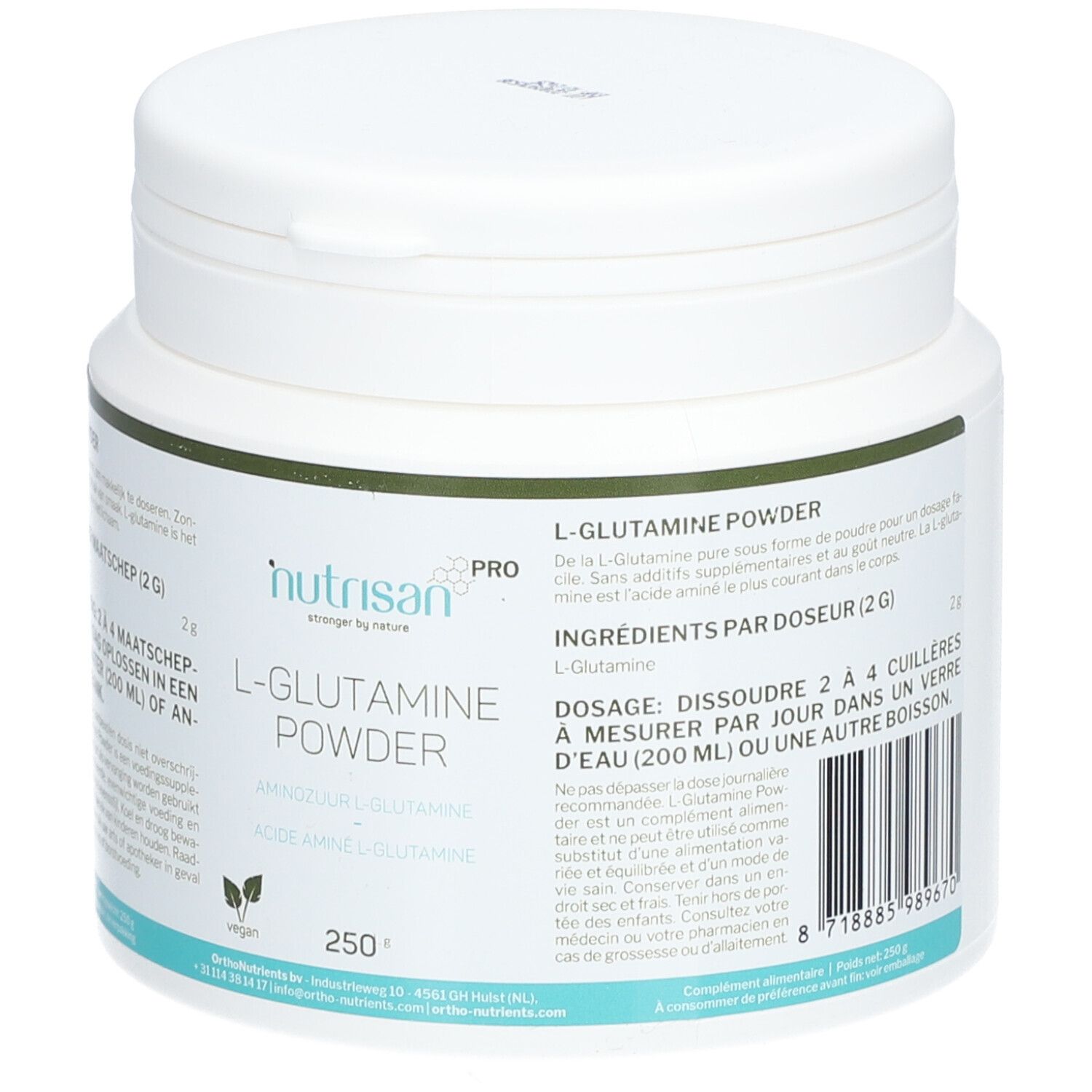 Poudre blanche dans un récipient blanc. Inscription : Nutrisan L-Glutamine Powder. Label végan. 250g.