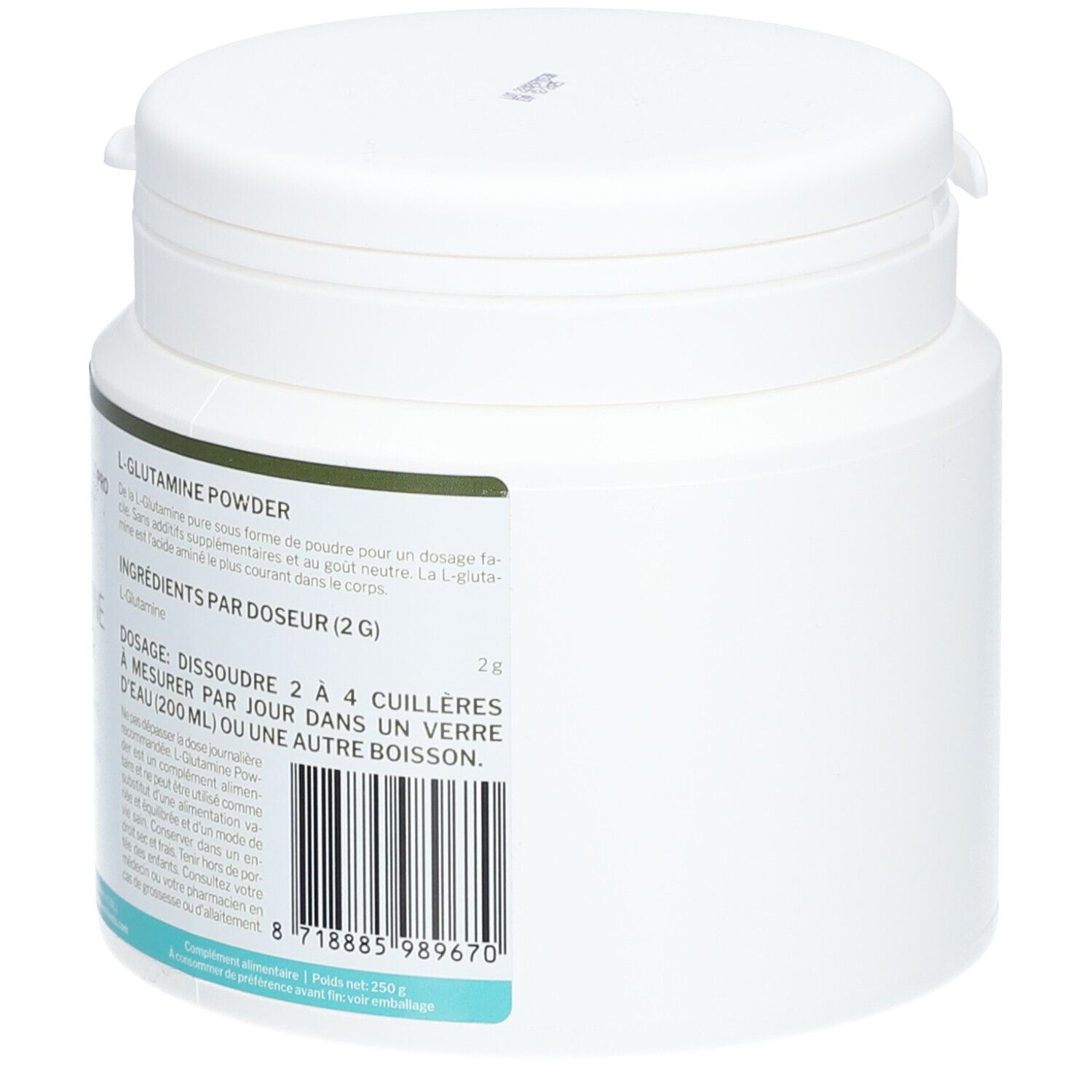 Récipient blanc avec étiquette verte. Texte : L-Glutamine Powder. Ingrédients, dosage. Code-barres.