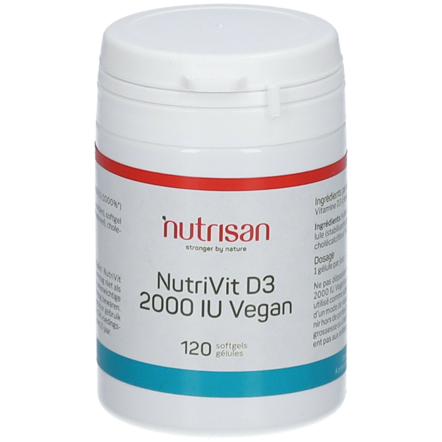 Witte pot met rode en blauwe band. Opschrift: NutriVit D3 2000 IU Vegan, 120 softgels. Merk: nutrisan.