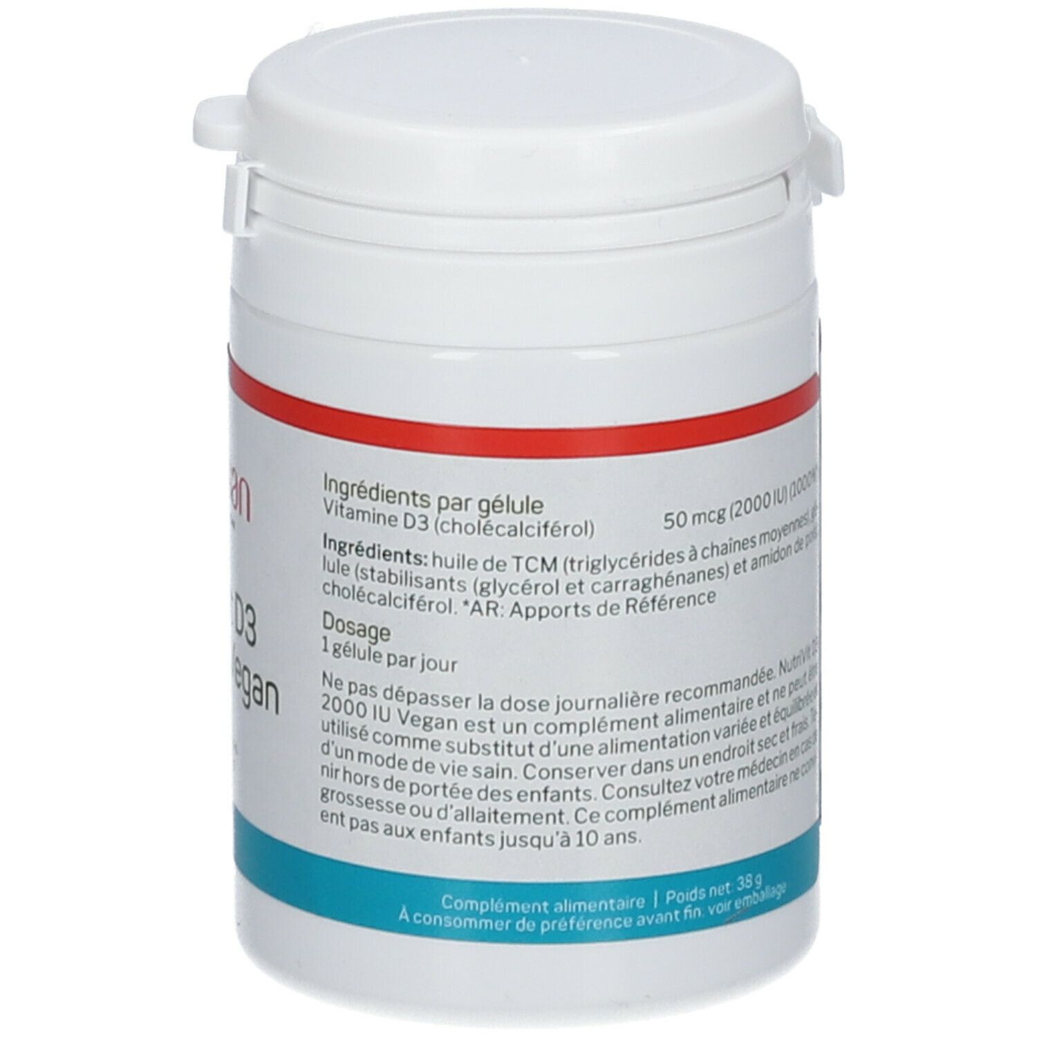 Witte pot met rode band. Opschrift: NutriVit D3 2000 IU Vegan. Tekst met ingrediënten en dosering. Klapdeksel.