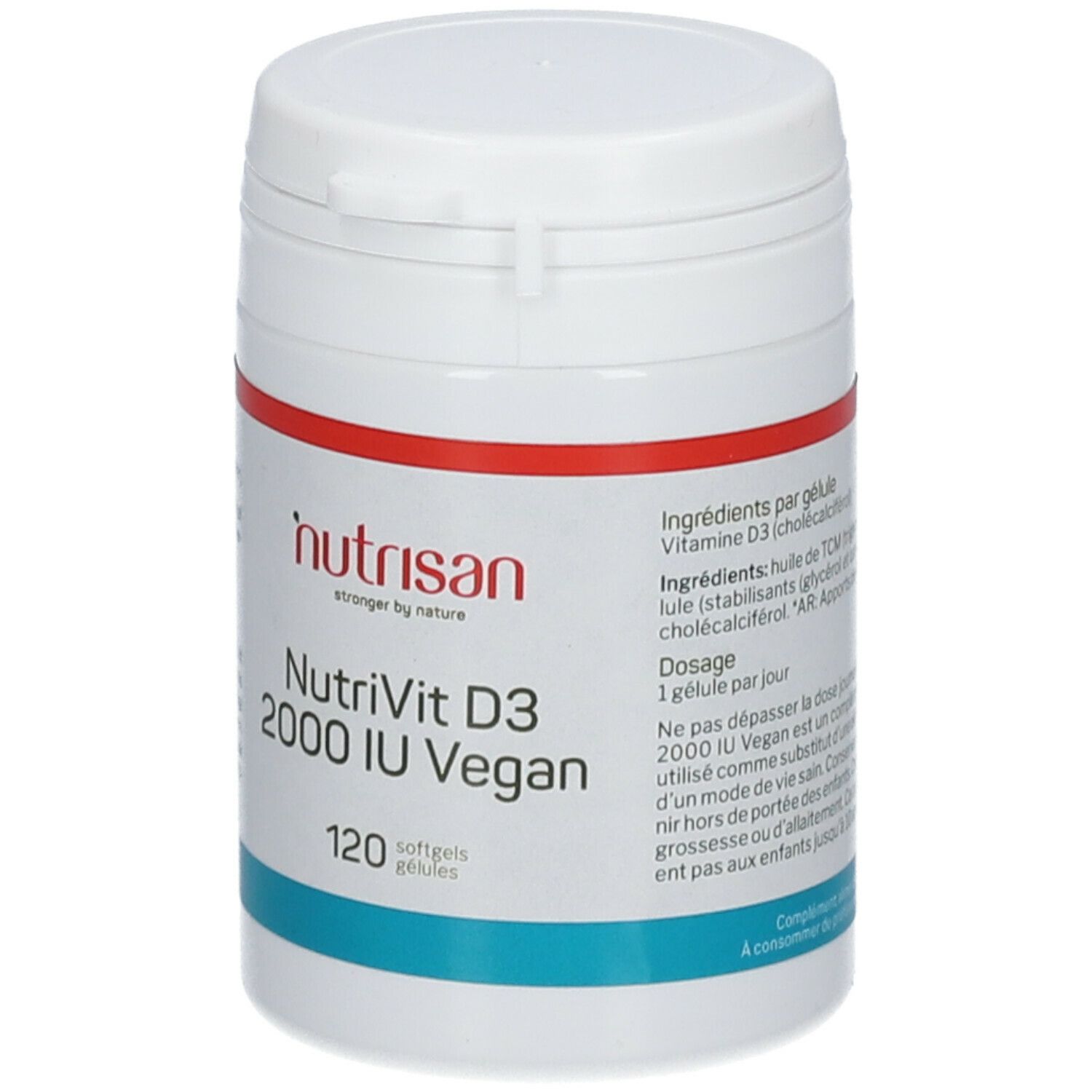 Witte pot met rode band. Opschrift: NutriVit D3 2000 IU Vegan, 120 softgels. Merk: nutrisan.