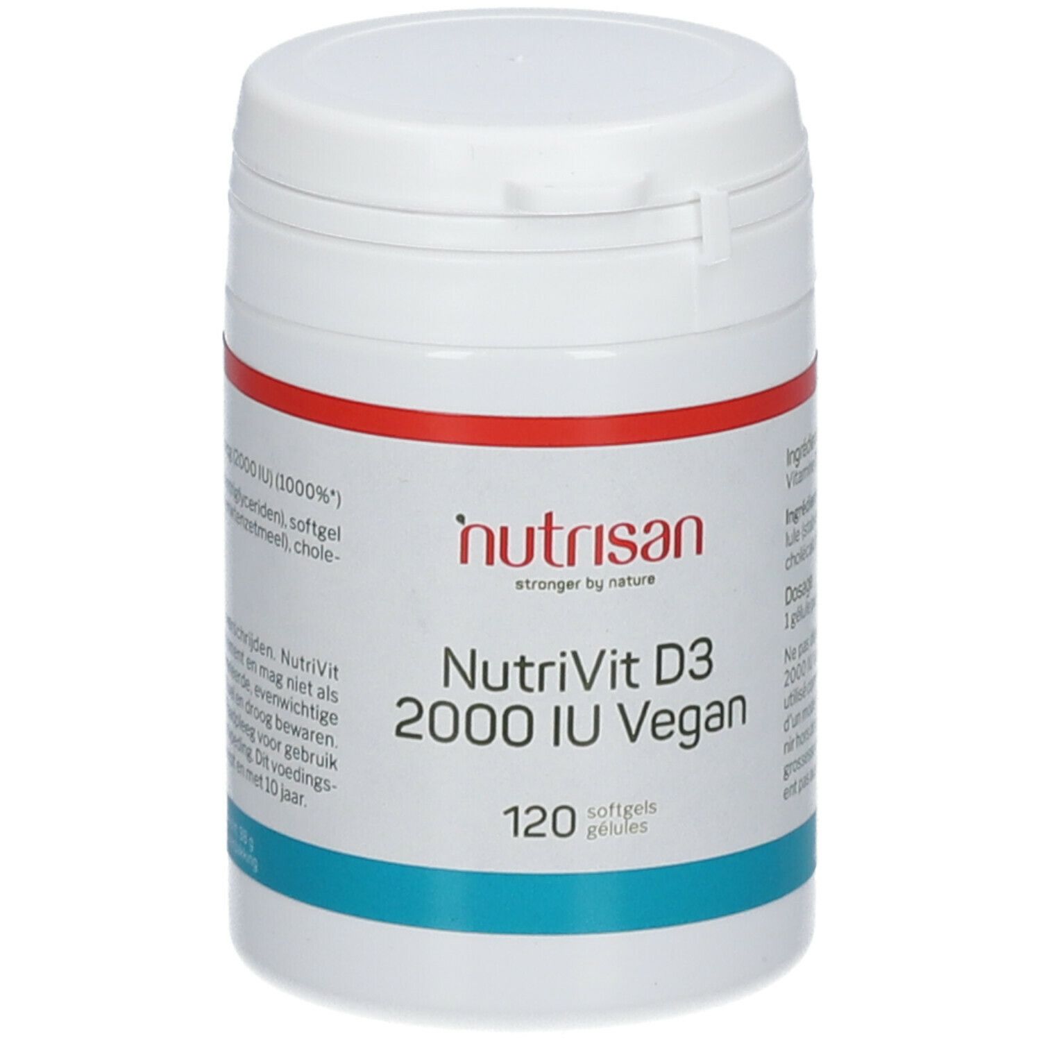 Witte pot met rode band. Opschrift: NutriVit D3 2000 IU Vegan, 120 softgels. Merk: nutrisan.