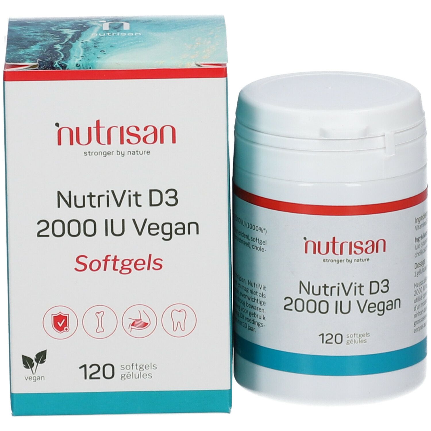 Productverpakking met pot en doos. Opschrift: NutriVit D3 2000 IU Vegan, 120 softgels. Merk: nutrisan.