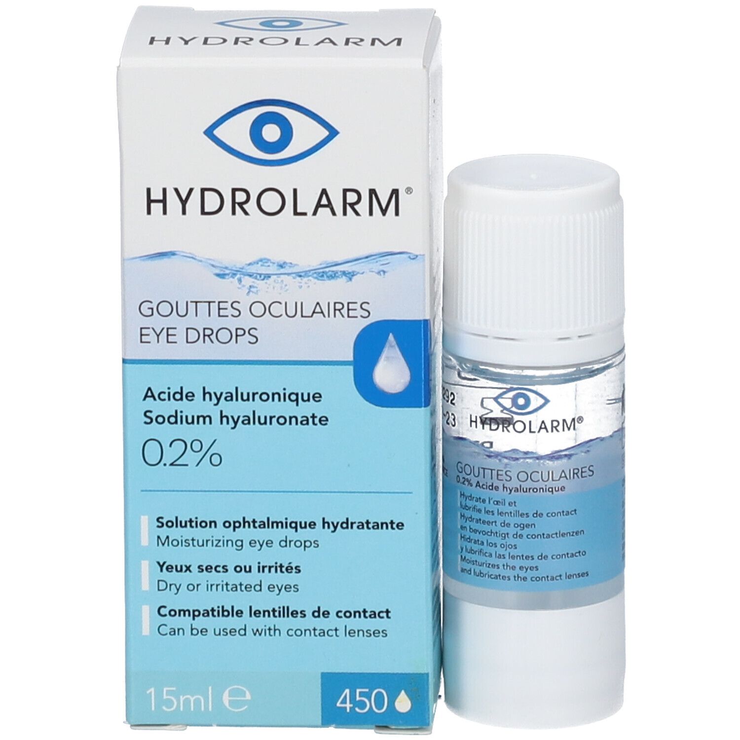 Emballage produit avec flacon. Texte: Hydrolarm, Gouttes Oculaires, 0,2% Acide hyaluronique. Flacon et boîte avec design bleu.