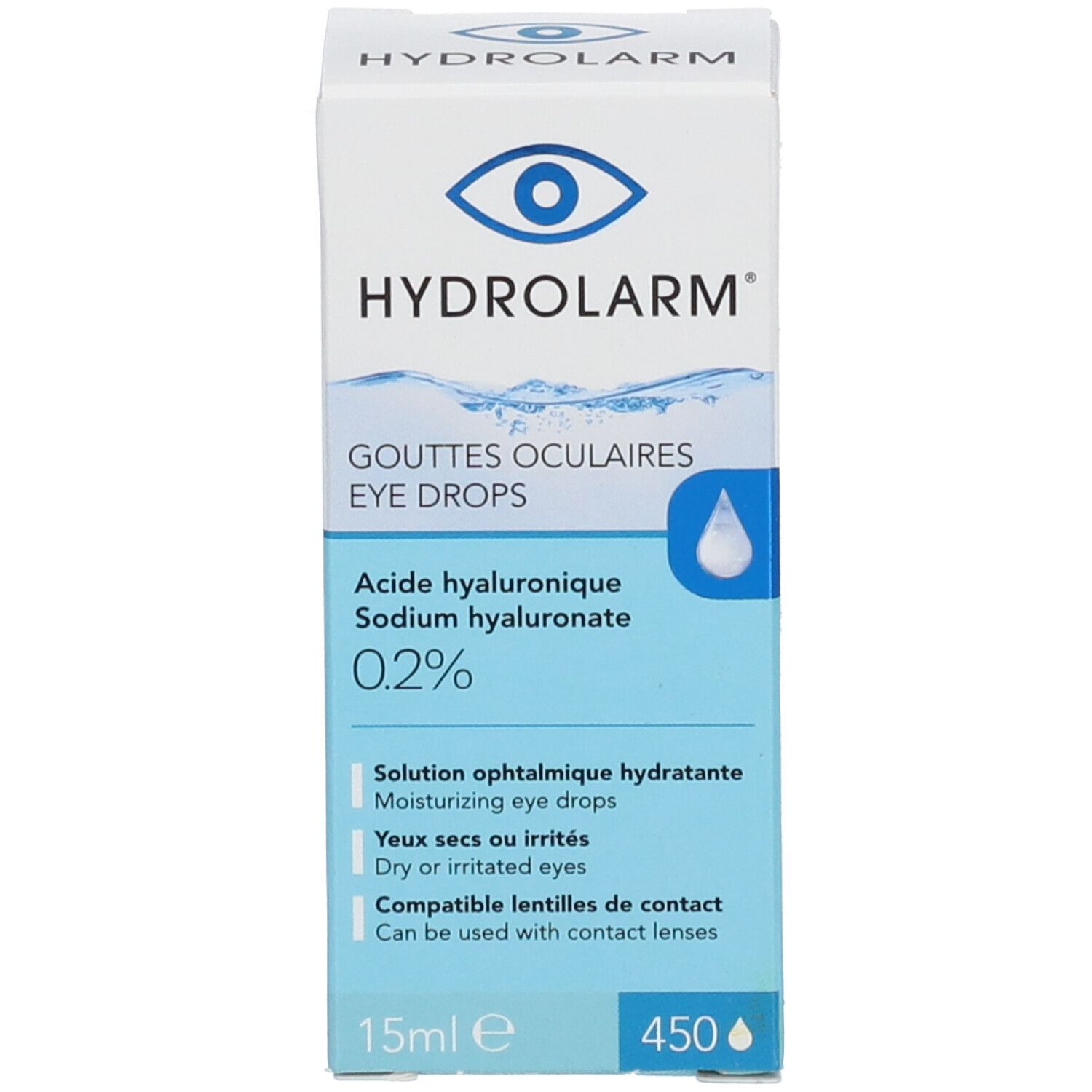 Emballage produit. Texte: Hydrolarm, Gouttes Oculaires, 0,2% Acide hyaluronique. Boîte avec design bleu et informations produit.