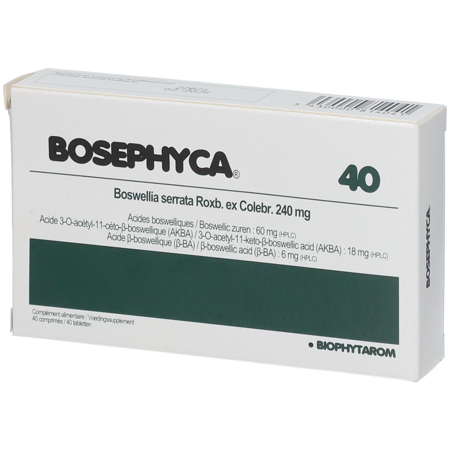 Boîte blanche avec encadré vert. Inscriptions Bosephyca, 40, et informations. Logo Biophytarom.