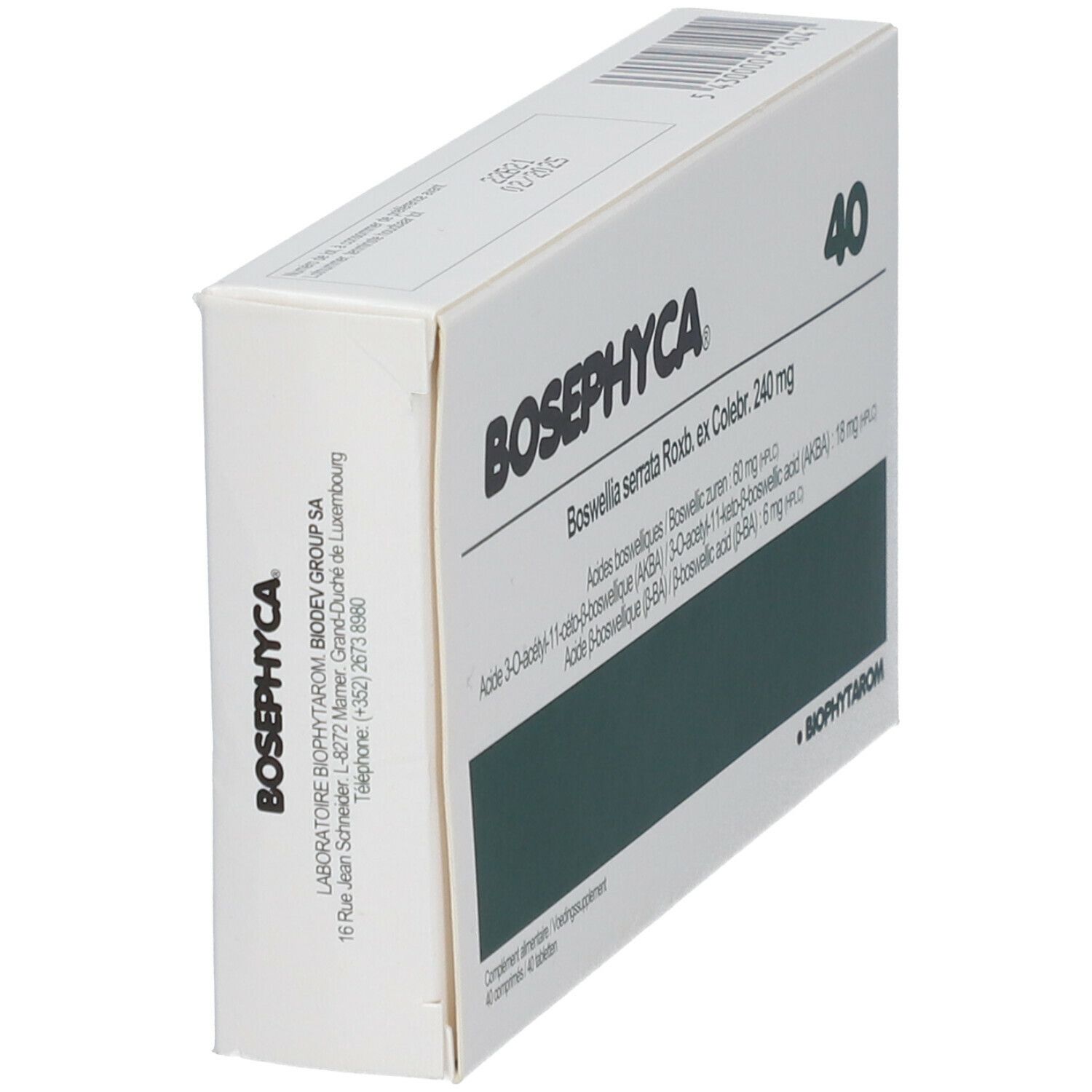 Boîte blanche en biais. Inscriptions Bosephyca, 40, et informations. Logo Biophytarom. Adresse.