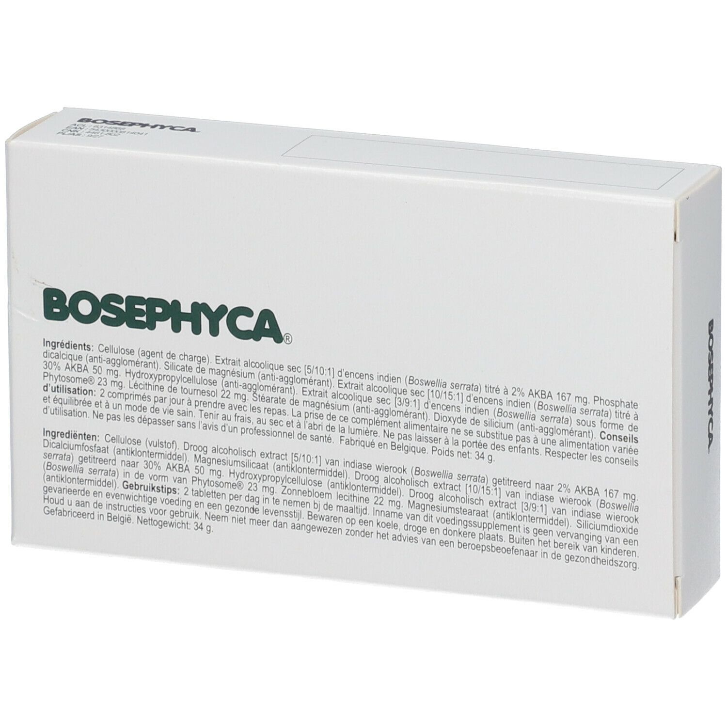 Boîte blanche avec texte. Inscriptions Bosephyca. Ingrédients et informations. Logo Biophytarom. Poids net.