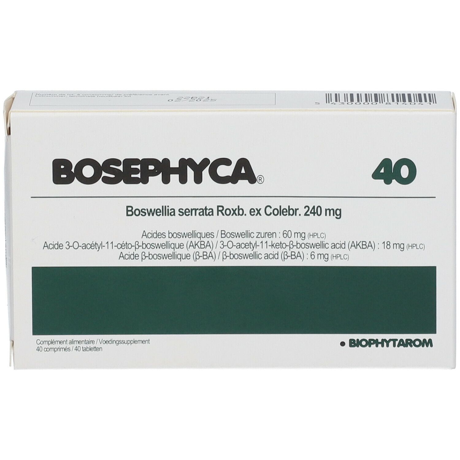Boîte blanche avec encadré vert. Inscriptions Bosephyca, 40, et informations. Logo Biophytarom.