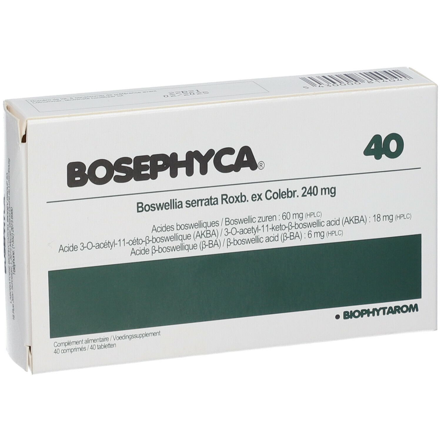 Boîte blanche avec encadré vert. Inscriptions Bosephyca, 40, et informations. Logo Biophytarom.