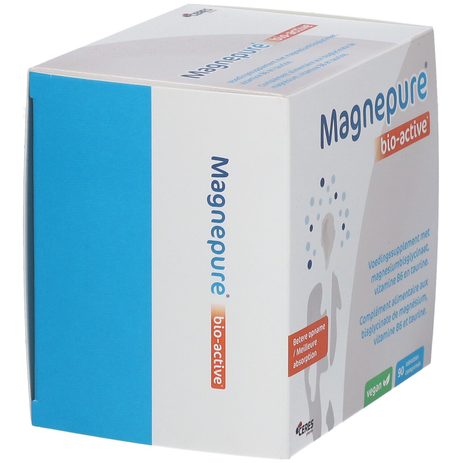 Wit en blauw doosje met productnaam en info. Opschrift: Magnepure bio-active. Vegan label.