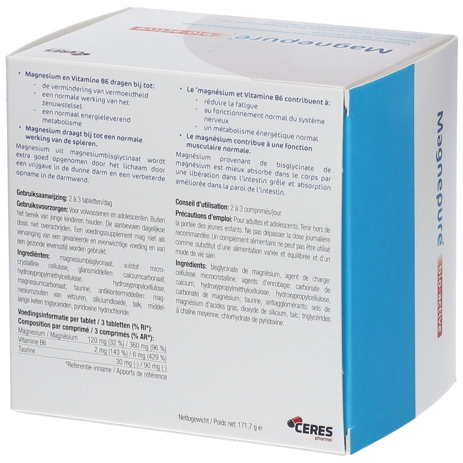 Achterkant van de witte doos met tekst. Bevat info over ingrediënten en gebruik. Merk: Ceres Pharma.