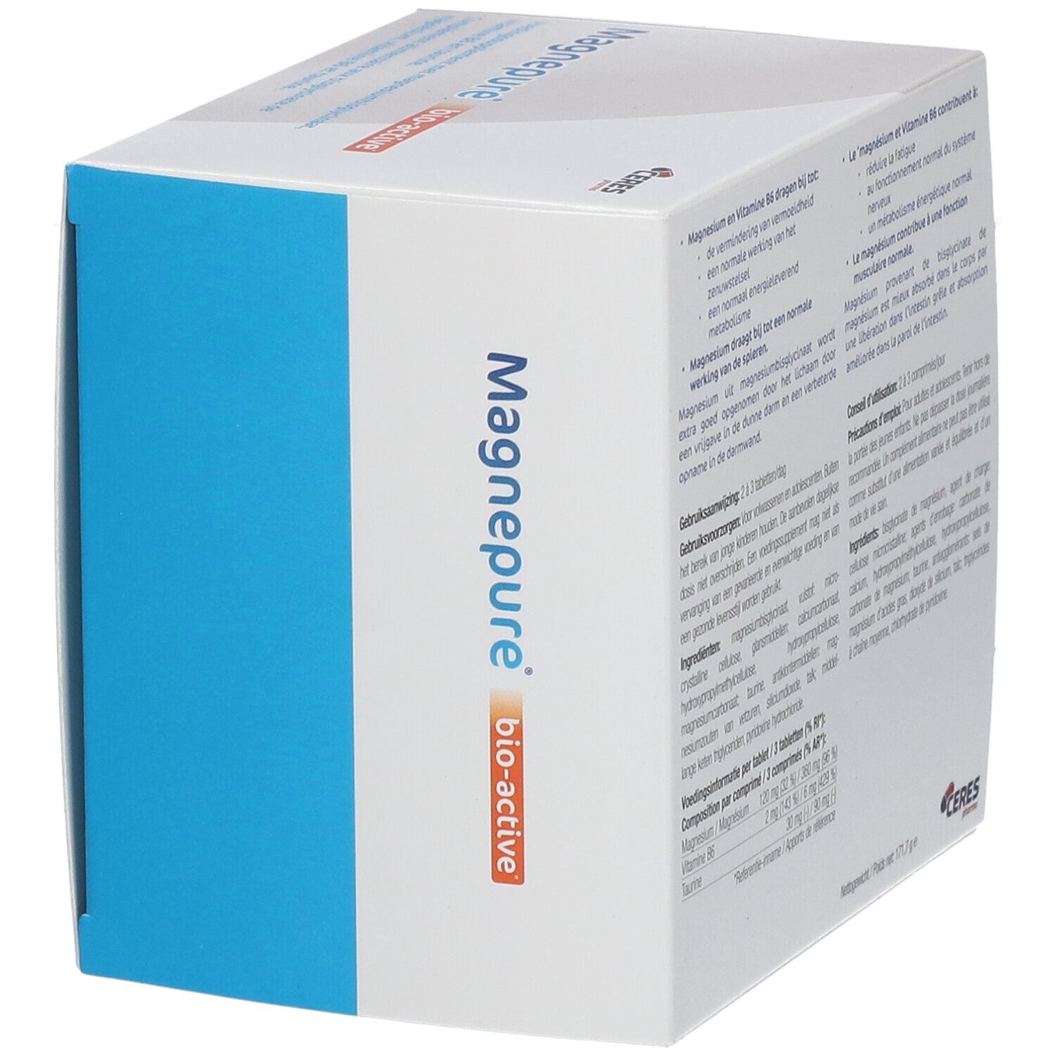 Witte doos met productnaam en tekst. Bevat info over ingrediënten en gebruik. Merk: Ceres Pharma.