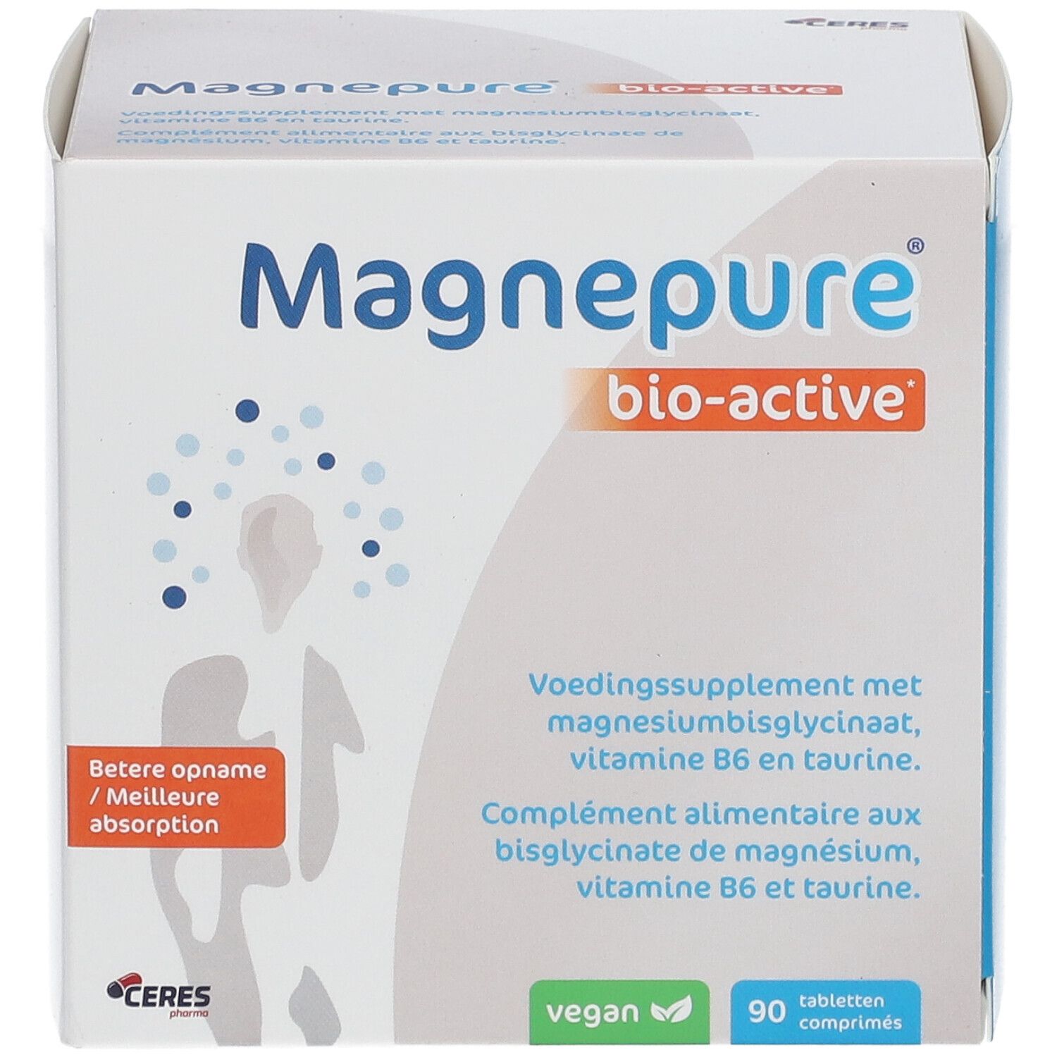Witte doos met productnaam en info. Opschrift: Magnepure bio-active. Vegan label. 90 tabletten.