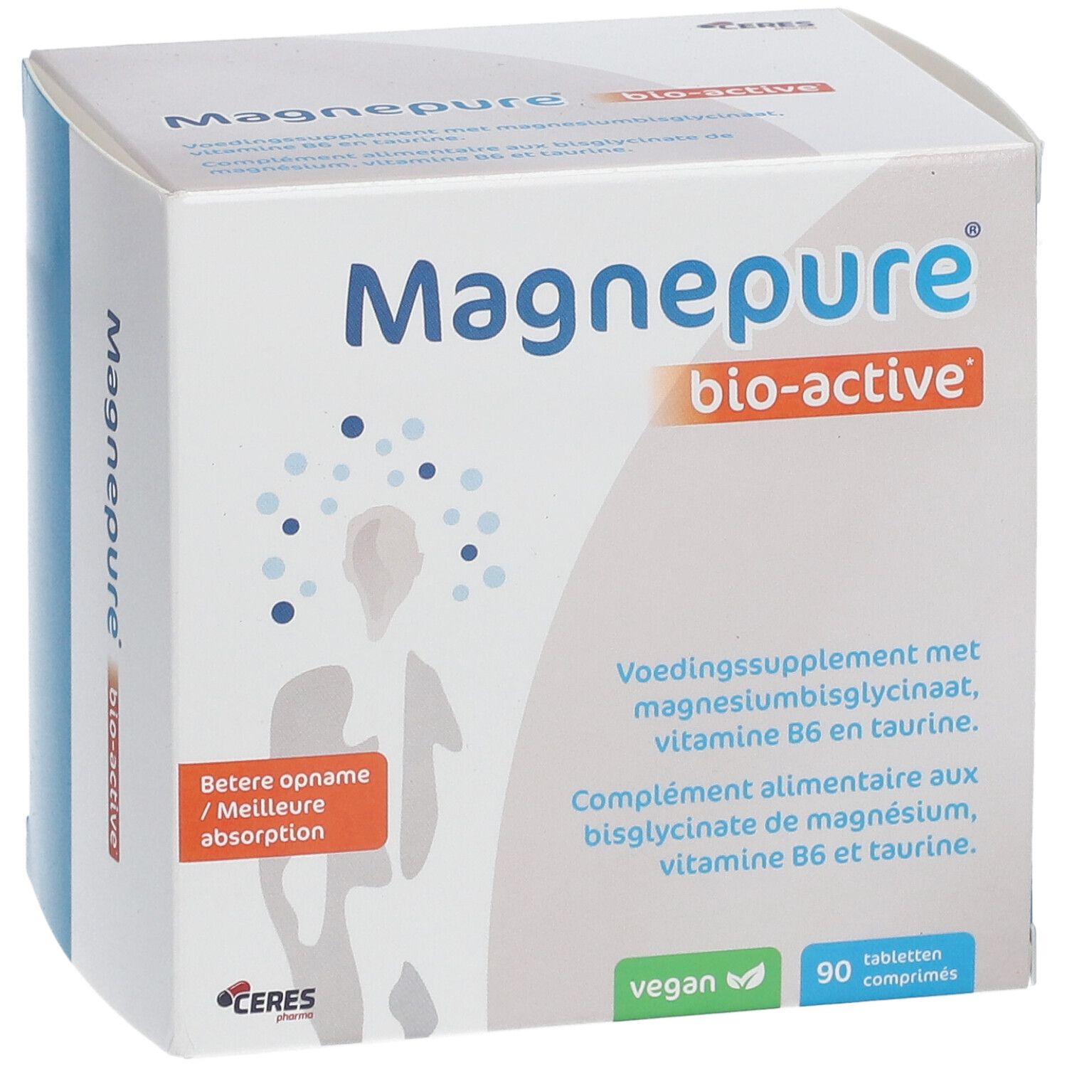Witte doos met productnaam en info. Opschrift: Magnepure bio-active. Vegan label. 90 tabletten.